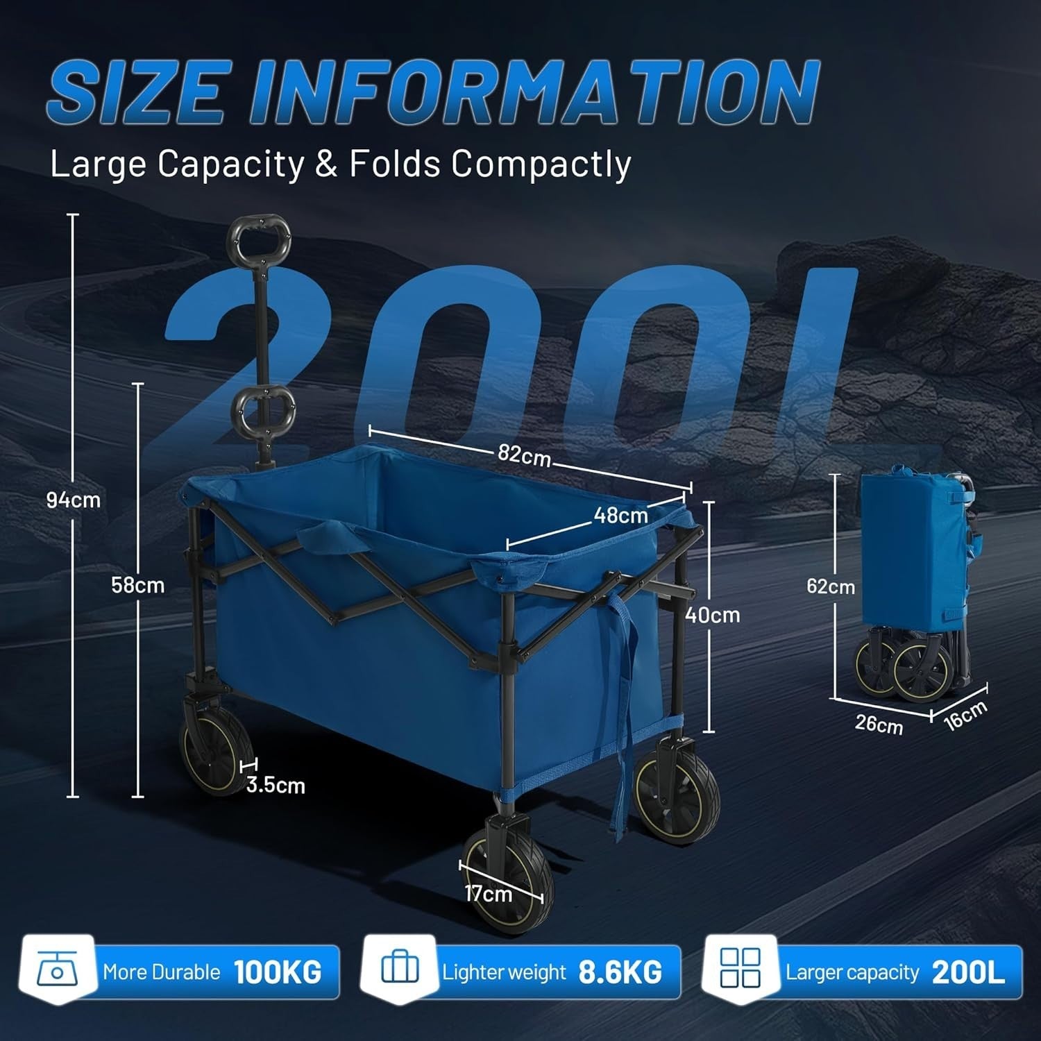 200L Folding Camping Wagon 100kg Heavy Duty Festival Trolley with Handle Blue