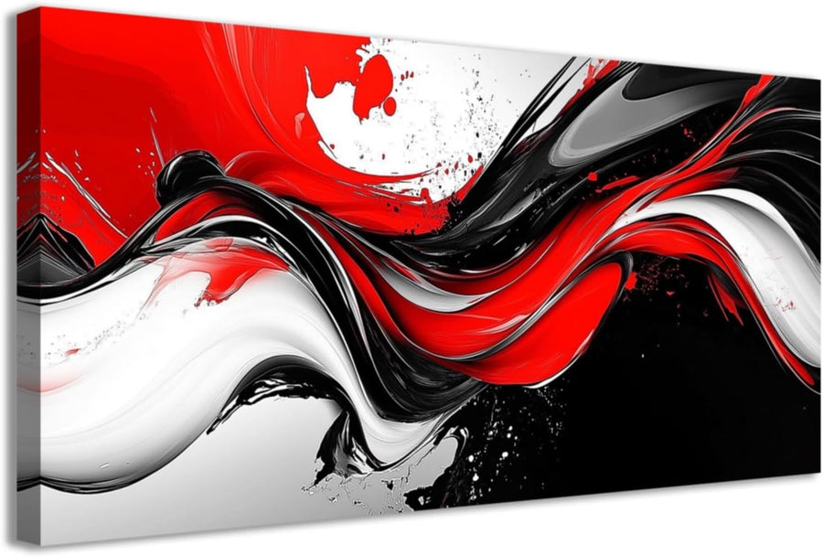 Large Red Black White Abstract Canvas Wall Art Framed 40x20cm