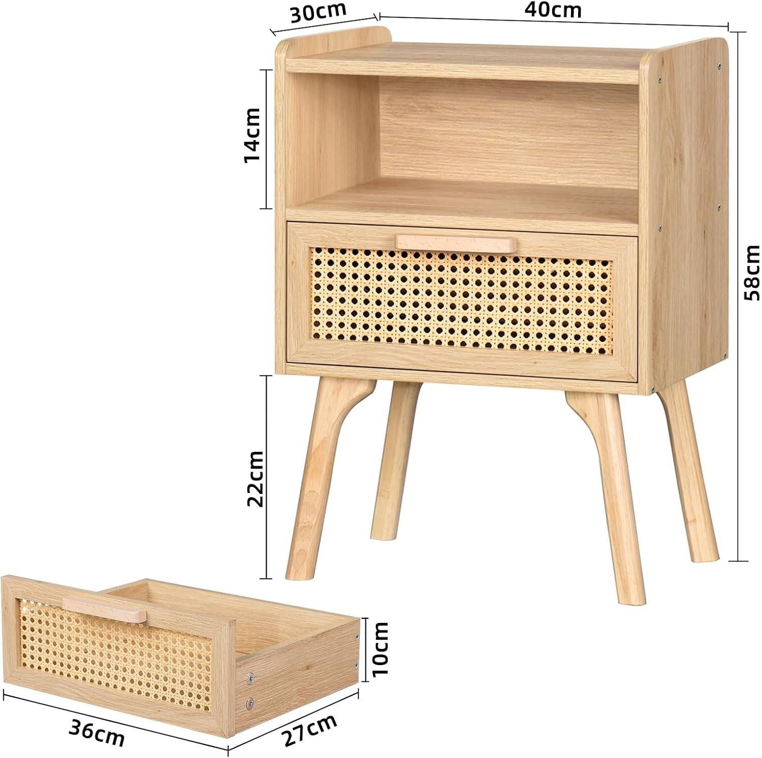 Natural Rattan Bedside Table with Drawer & Shelf – Boho Wooden Nightstand