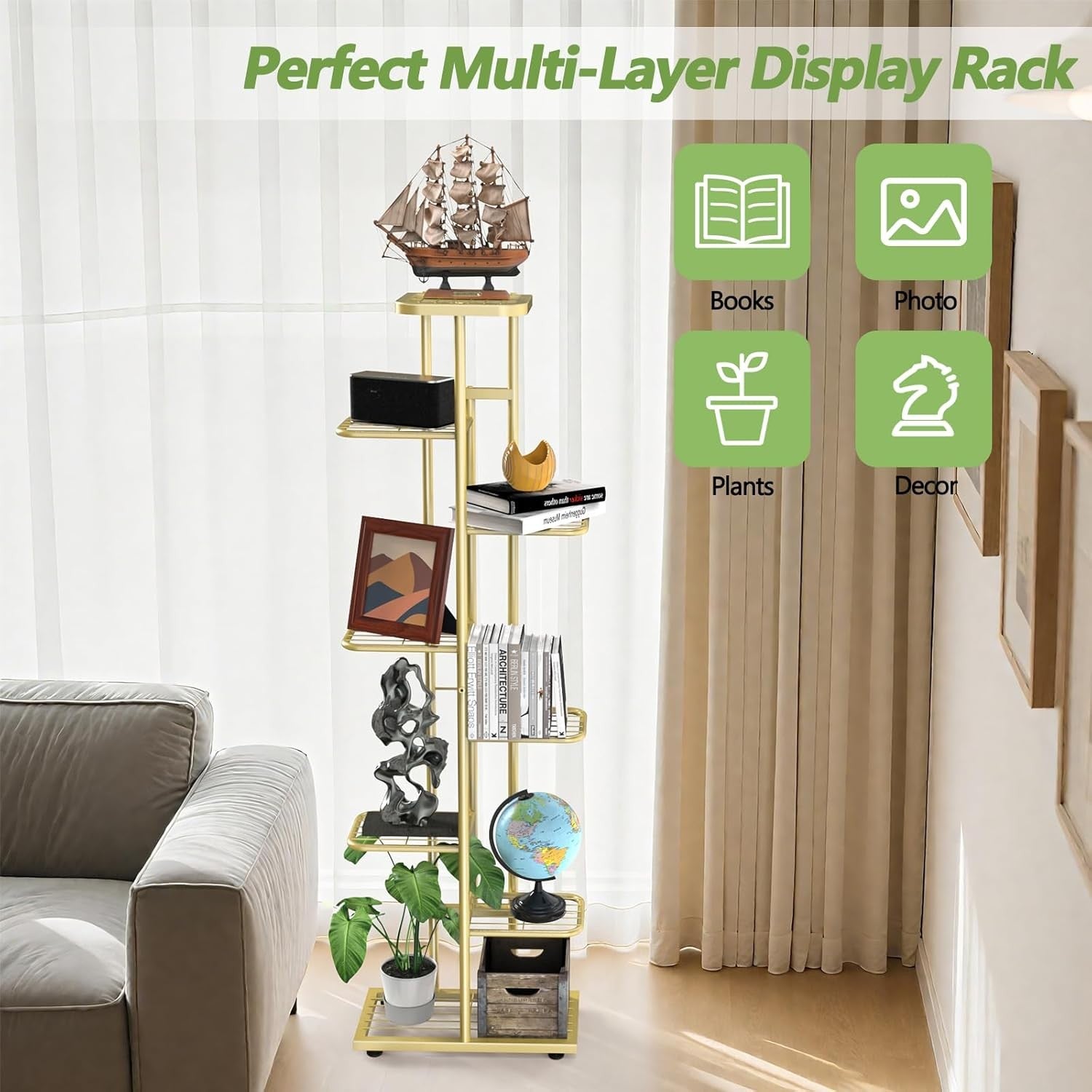 8 Tier Tall Gold Metal Plant Stand Indoor Outdoor Flower Shelf with Tools Set