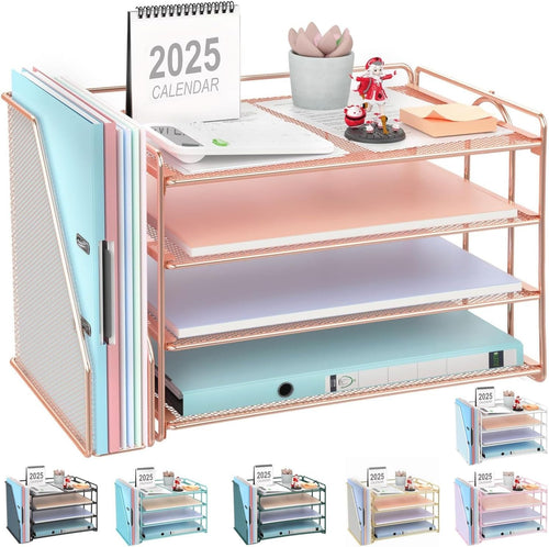 Large Desk Organizer with 4-Tier Paper Tray & Detachable Magazine Holder