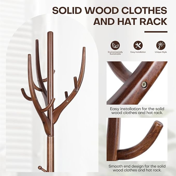 Solid Wood Coat Rack Stand 182cm Hall Tree with 12 Hooks Round Base