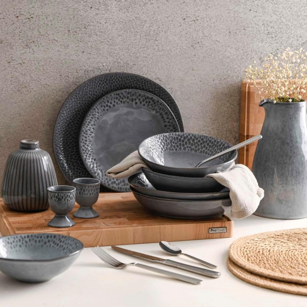 16pc Stoneware Dinner Set Charcoal Grey Teardrop Scandinavian Plates Bowls