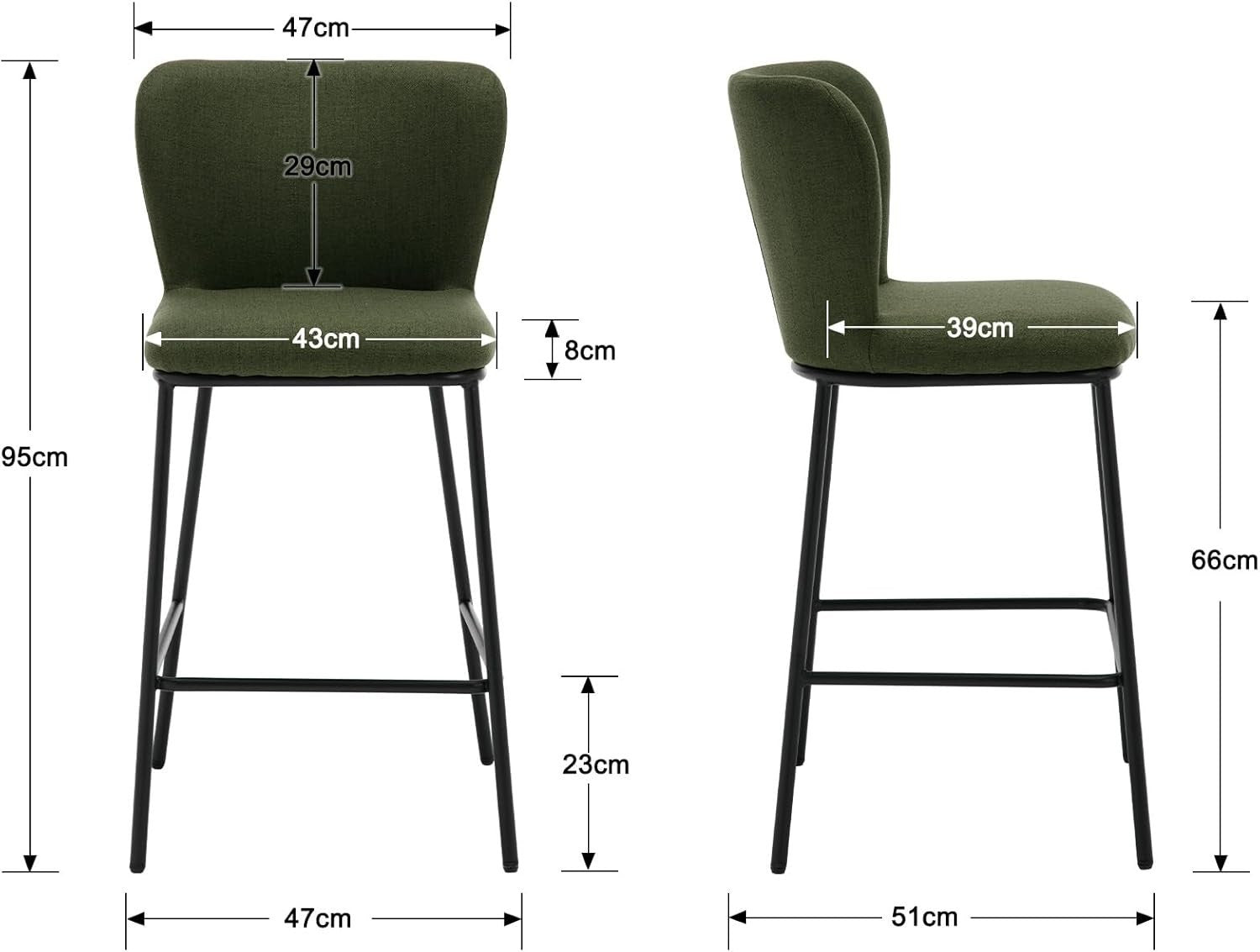 Green Linen Bar Stool Set 2 – Upholstered High Counter Kitchen Chairs