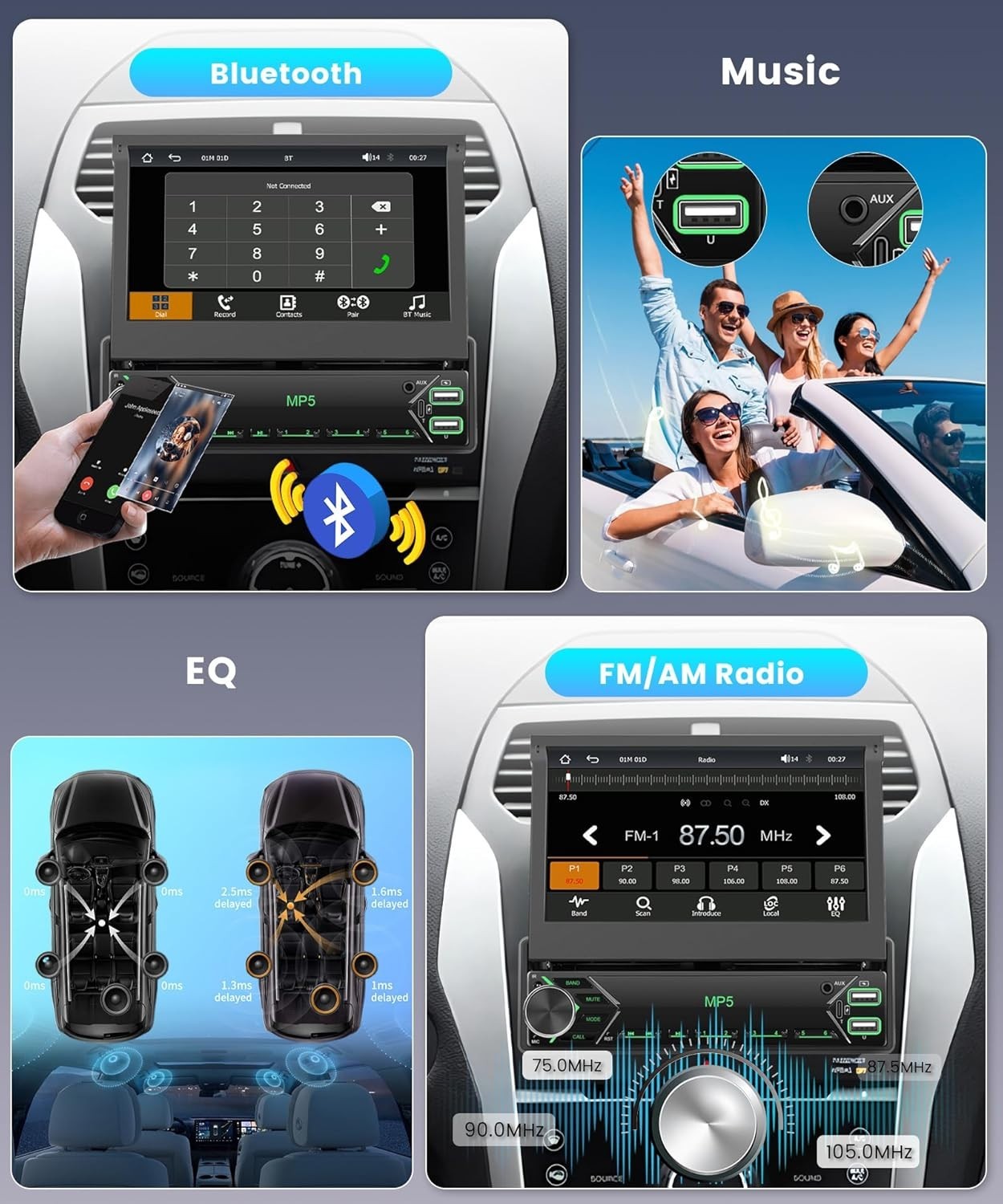 7" Flip-Out Car Stereo Wireless CarPlay Android Auto FM Bluetooth