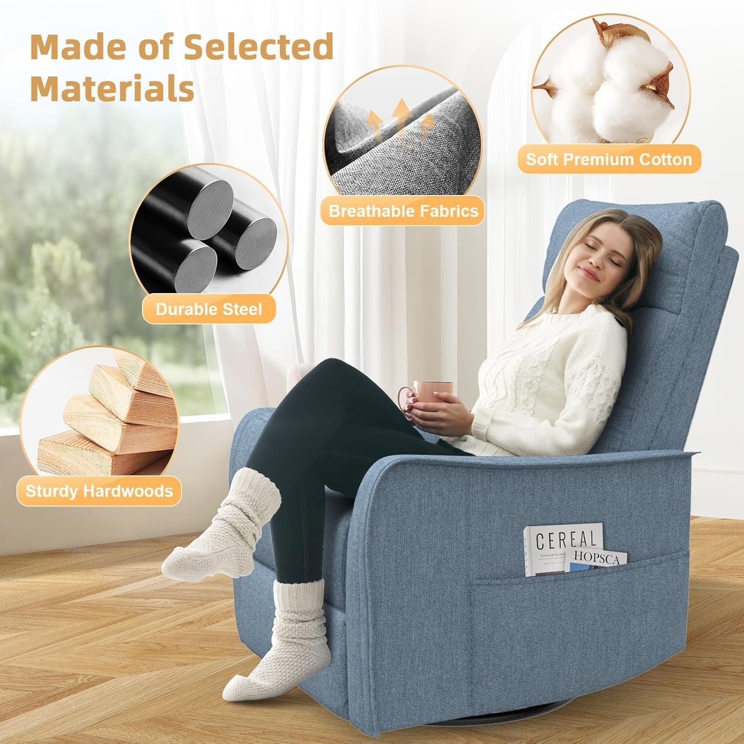 Swivel Rocking Recliner Chair Massage Heat 3-in-1 Footrest Dual Pockets Blue