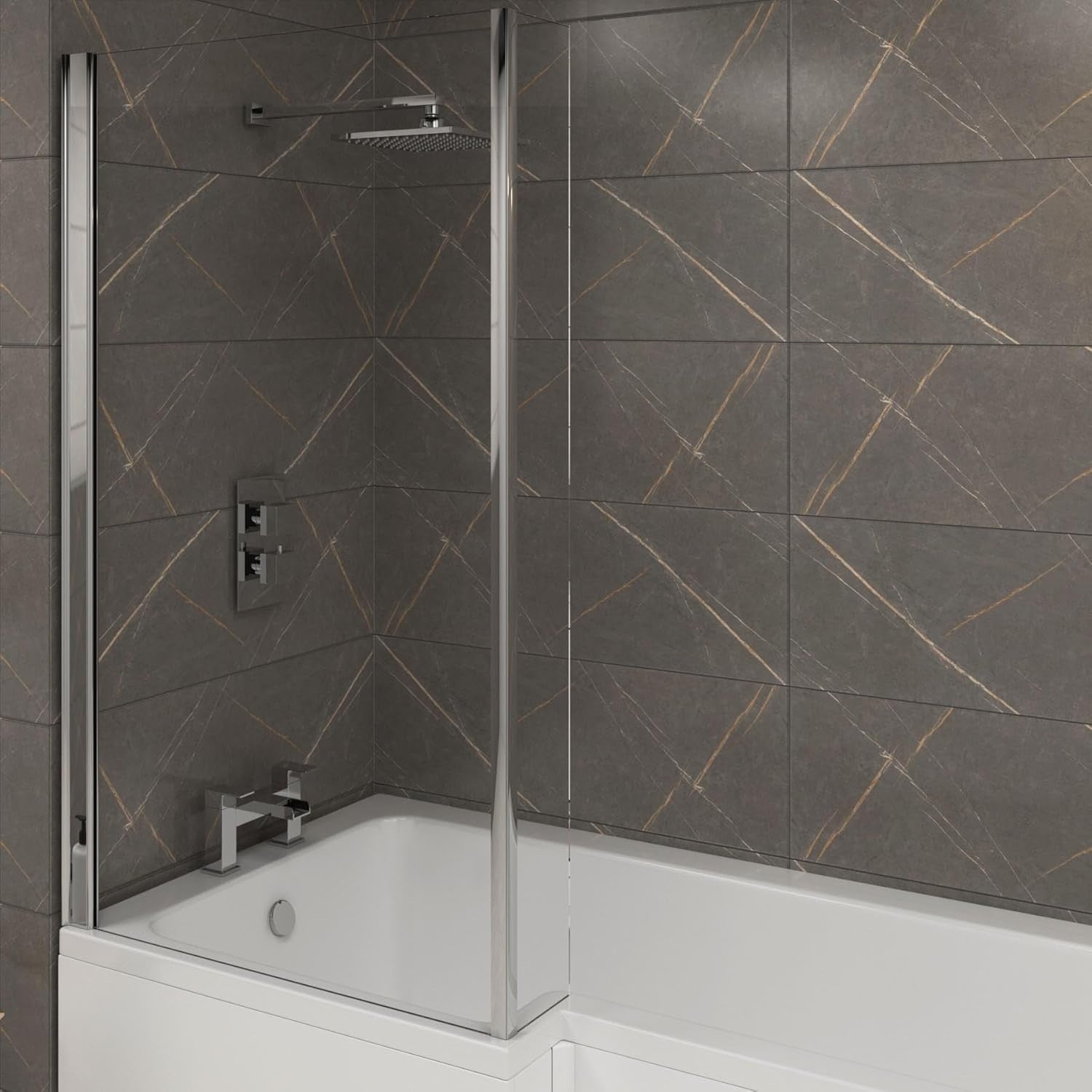 1600x850mm Left-Hand L-Shaped Shower Bath with Glass Shower Screen Acrylic