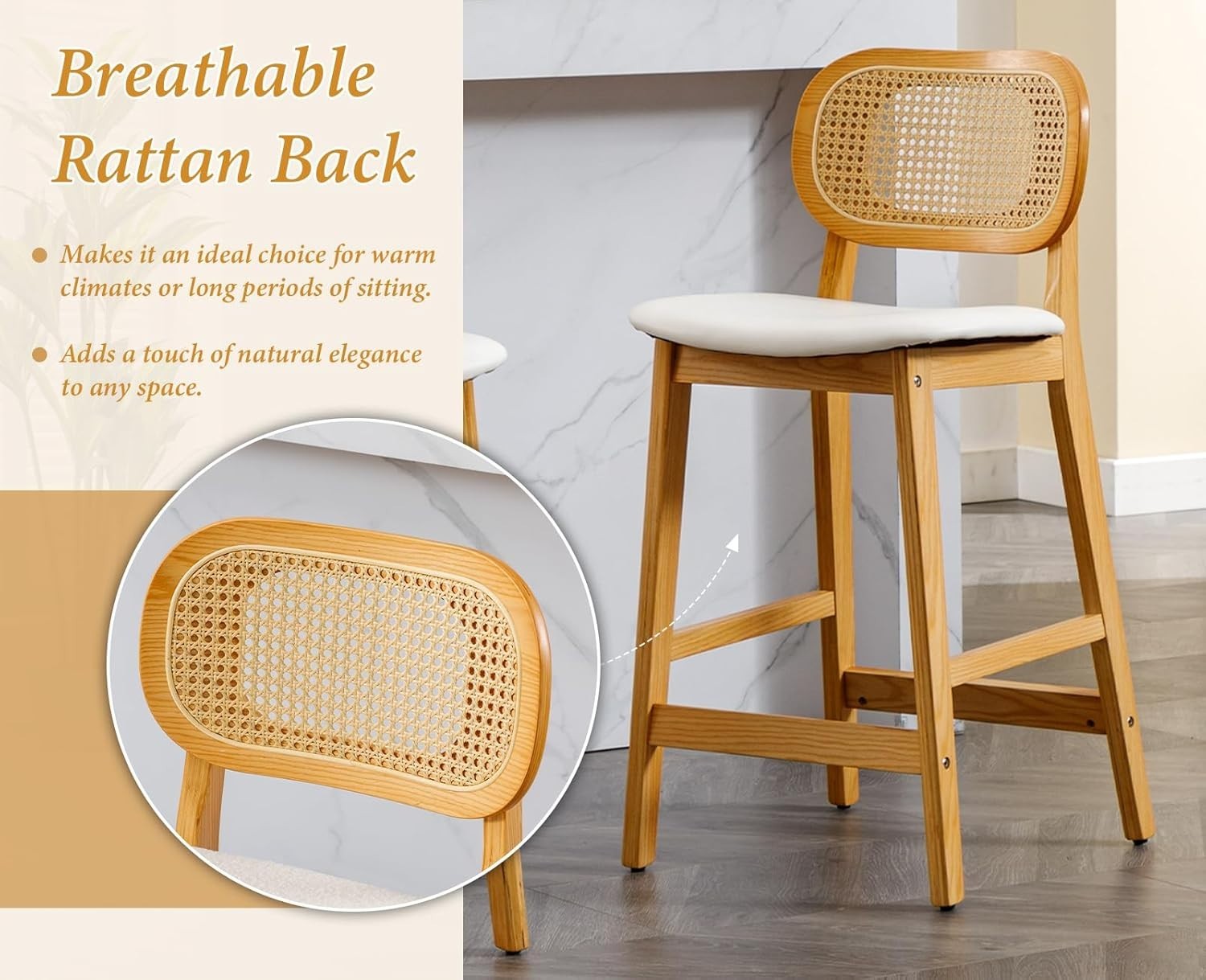 White Rattan Bar Stools Set of 2 Counter Height Wooden Kitchen Island Chairs