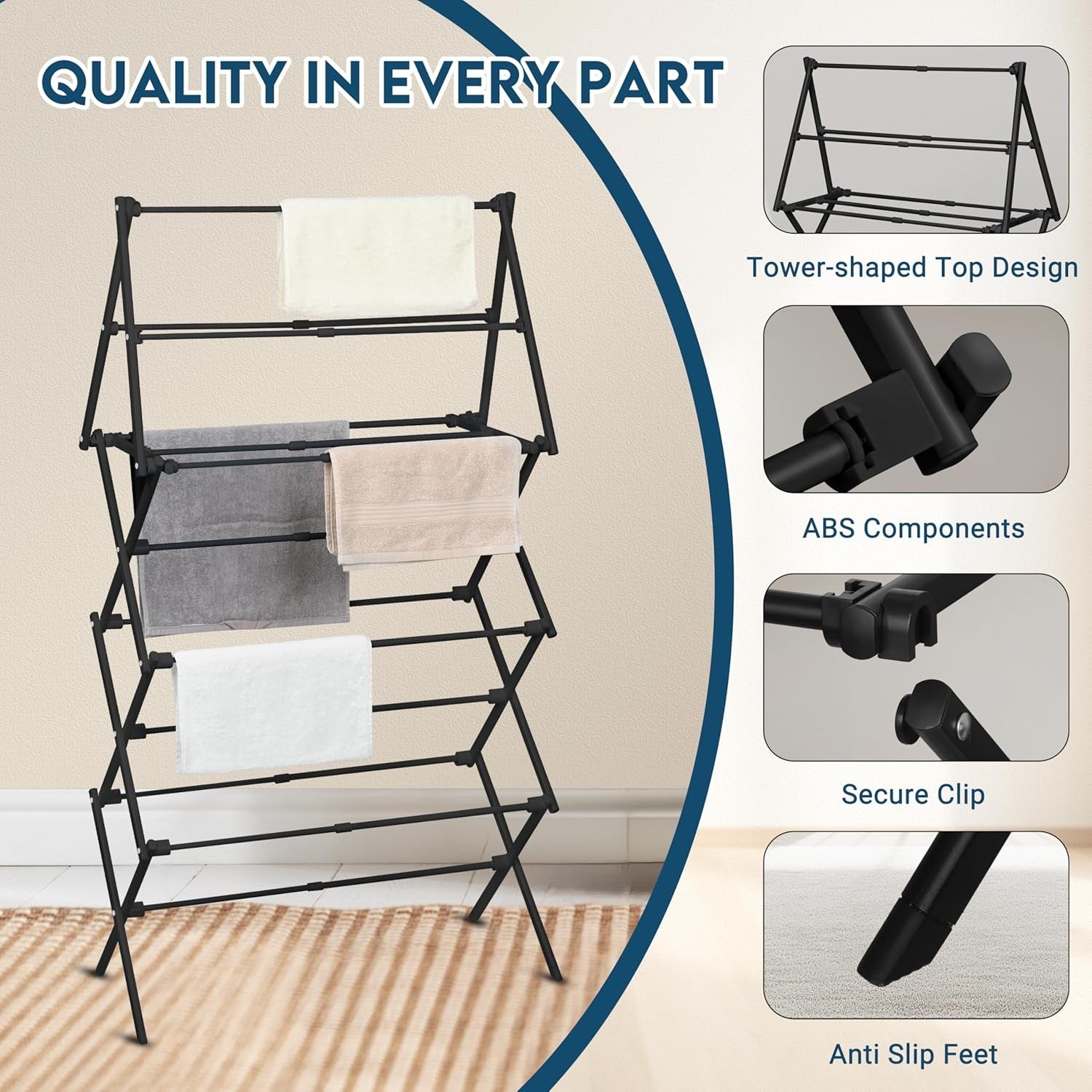 4 Tier Clothes Airer Extendable Foldable Drying Rack Space Saving Black