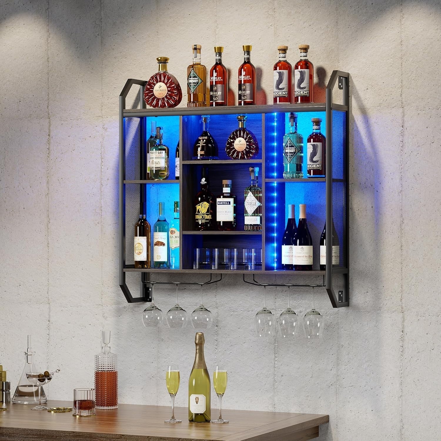 Wall Mounted LED Wine Rack Bar Shelf with Glass Holder Modern Metal Display