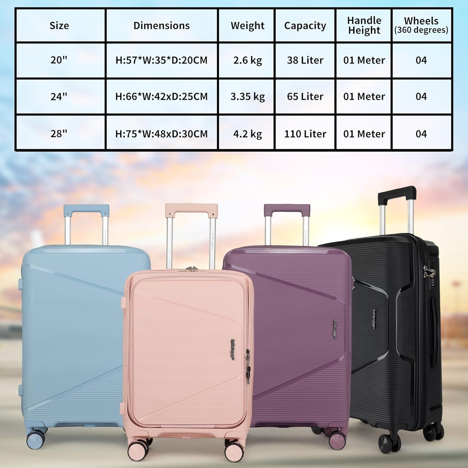 3pc Polypropylene Suitcase Set 20 24 28 TSA Lock Spinner Wheels PP