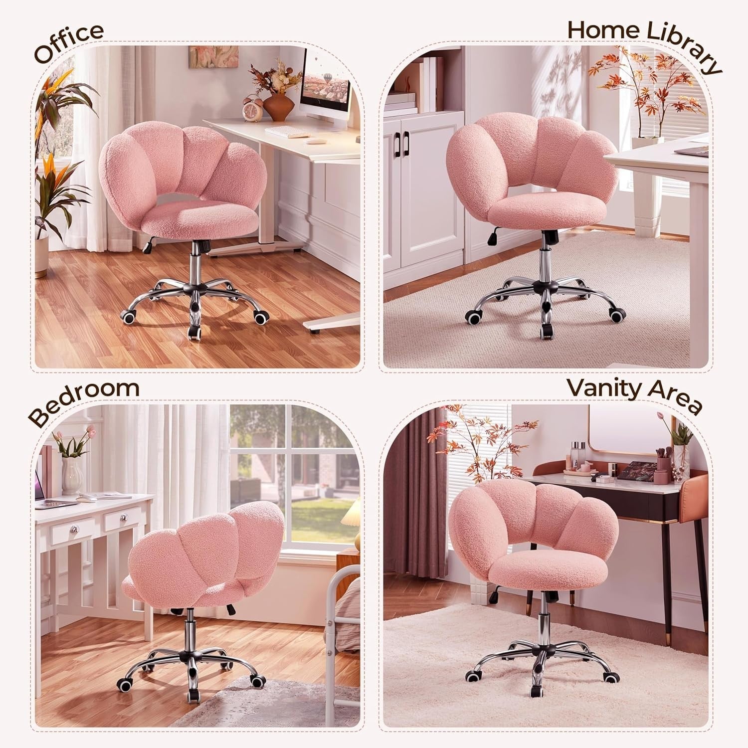 Pink Boucle Cloud Vanity Chair Swivel Adjustable Desk Chair with Wheels