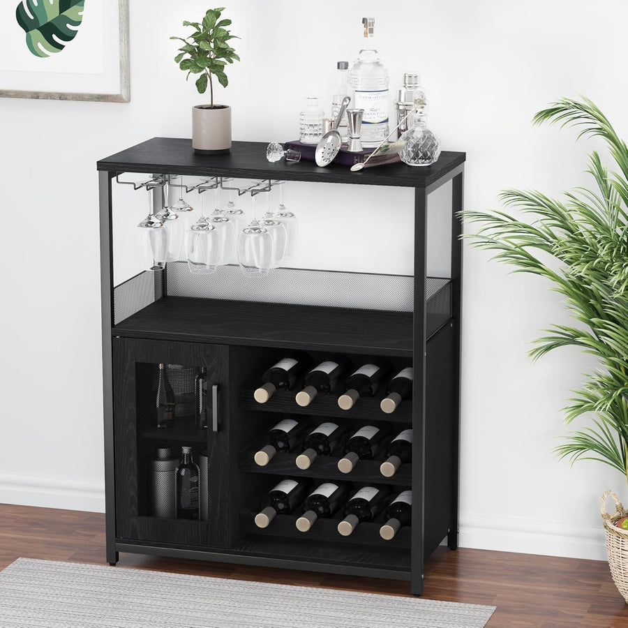 3 Tier Wine Bar Cabinet with Glass Rack & Storage Shelves for Home Kitchen Black