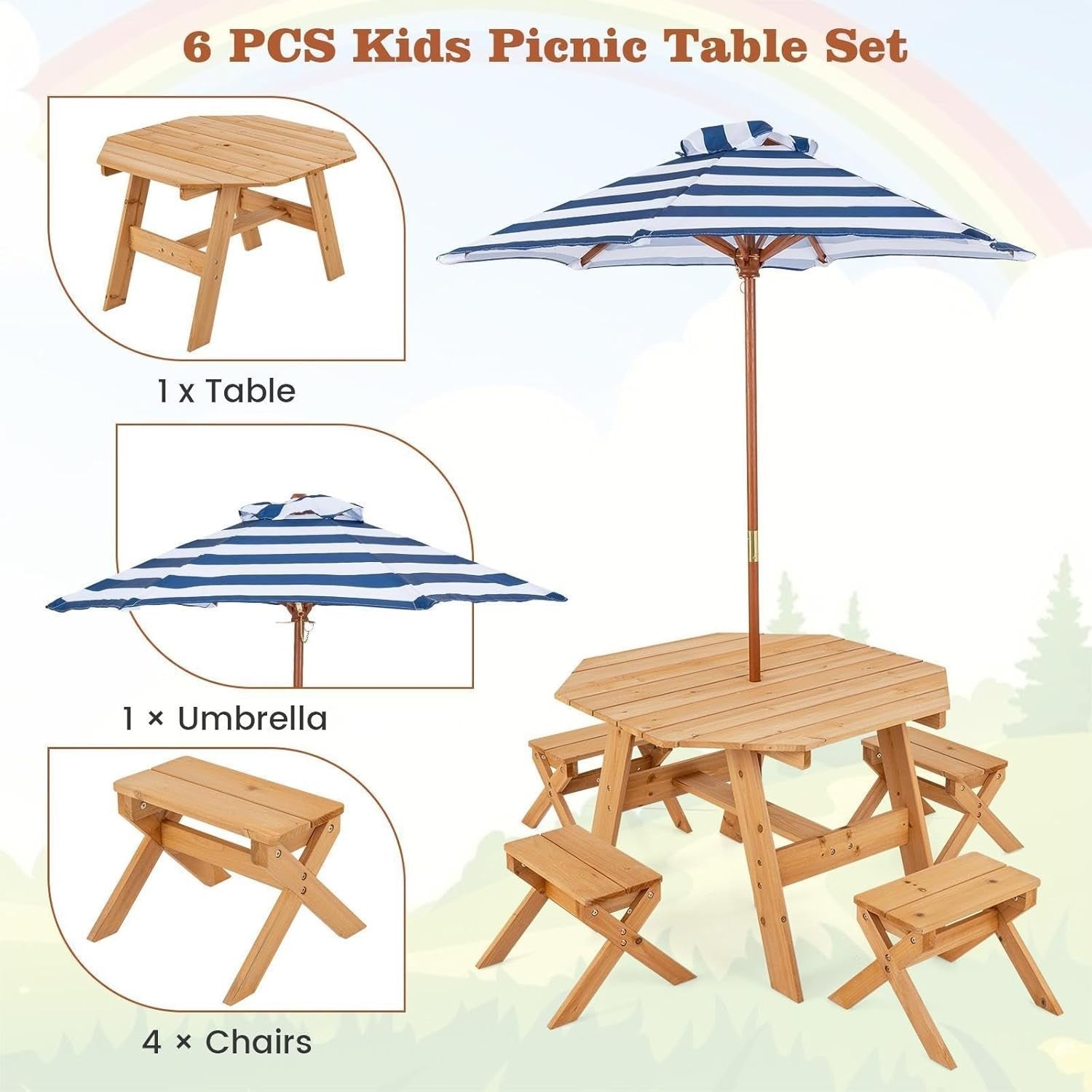 Kids Outdoor Wooden Picnic Table Set w/ Benches & Parasol | 4 Seater