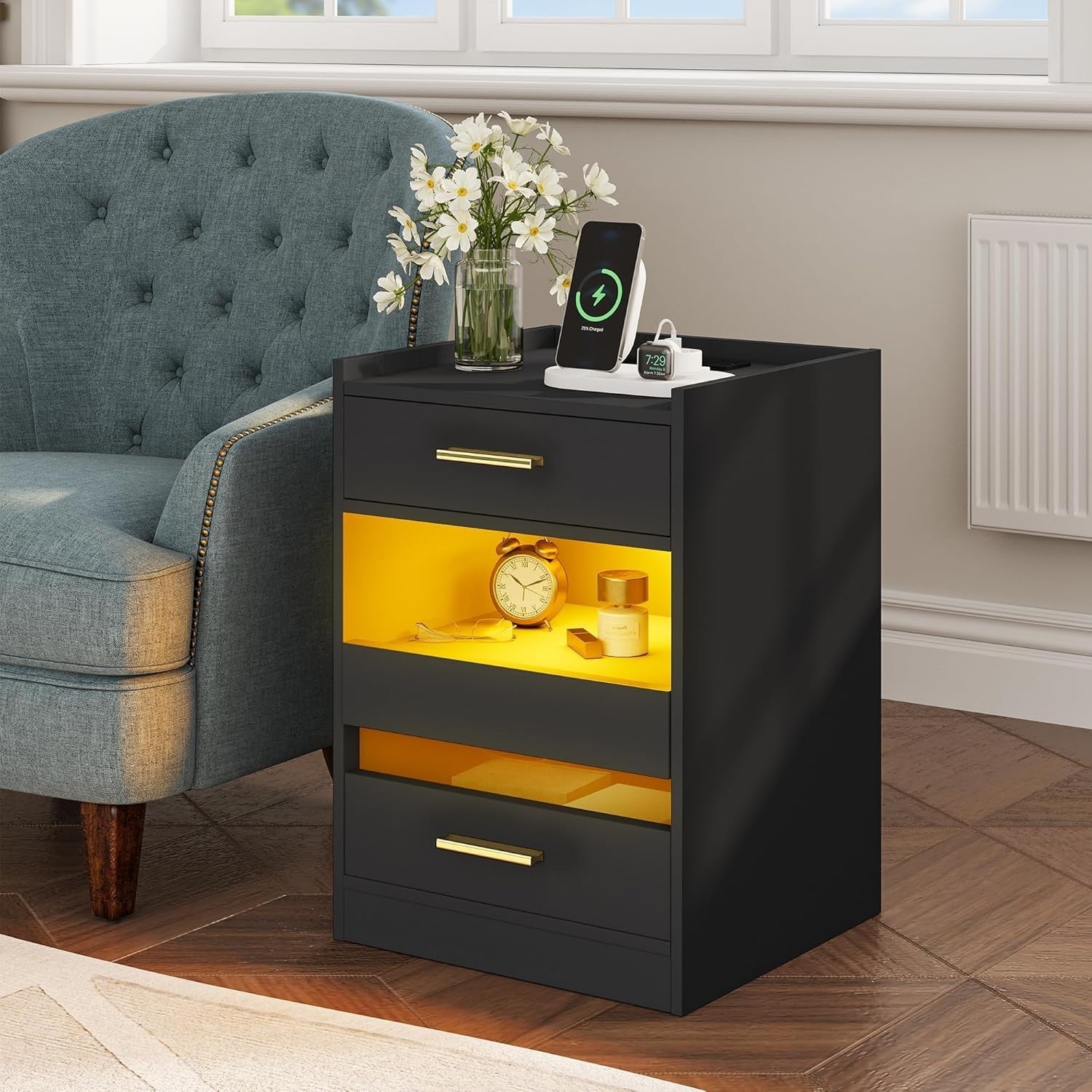 Modern Black LED Bedside Table with 2 Drawers & Tempered Glass