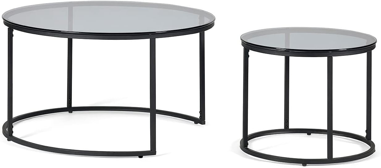 Round Nesting Coffee Tables Set of 3, Smoked Glass & Black 80x50cm