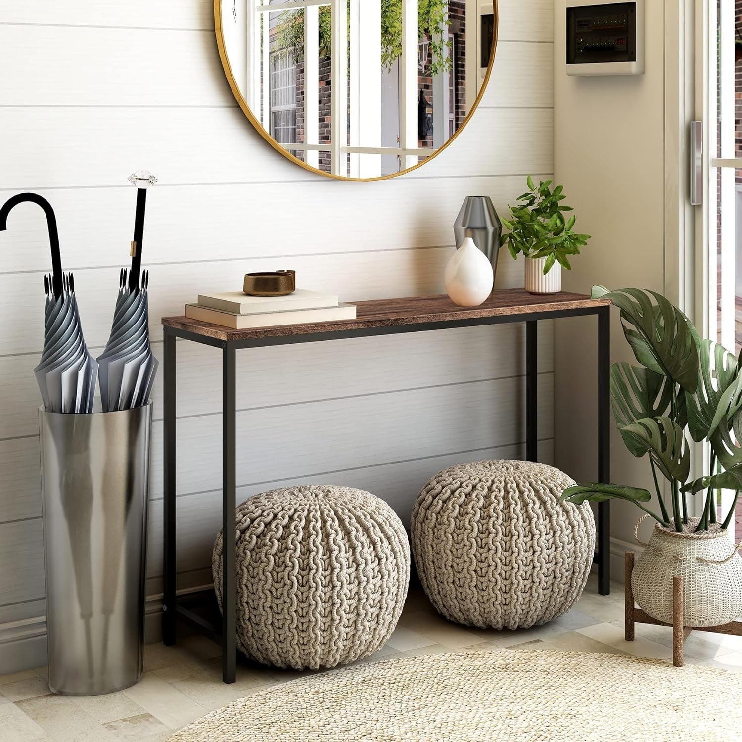 Rustic Narrow Console Table Wood Metal Entryway Hallway Desk 105cm Sturdy