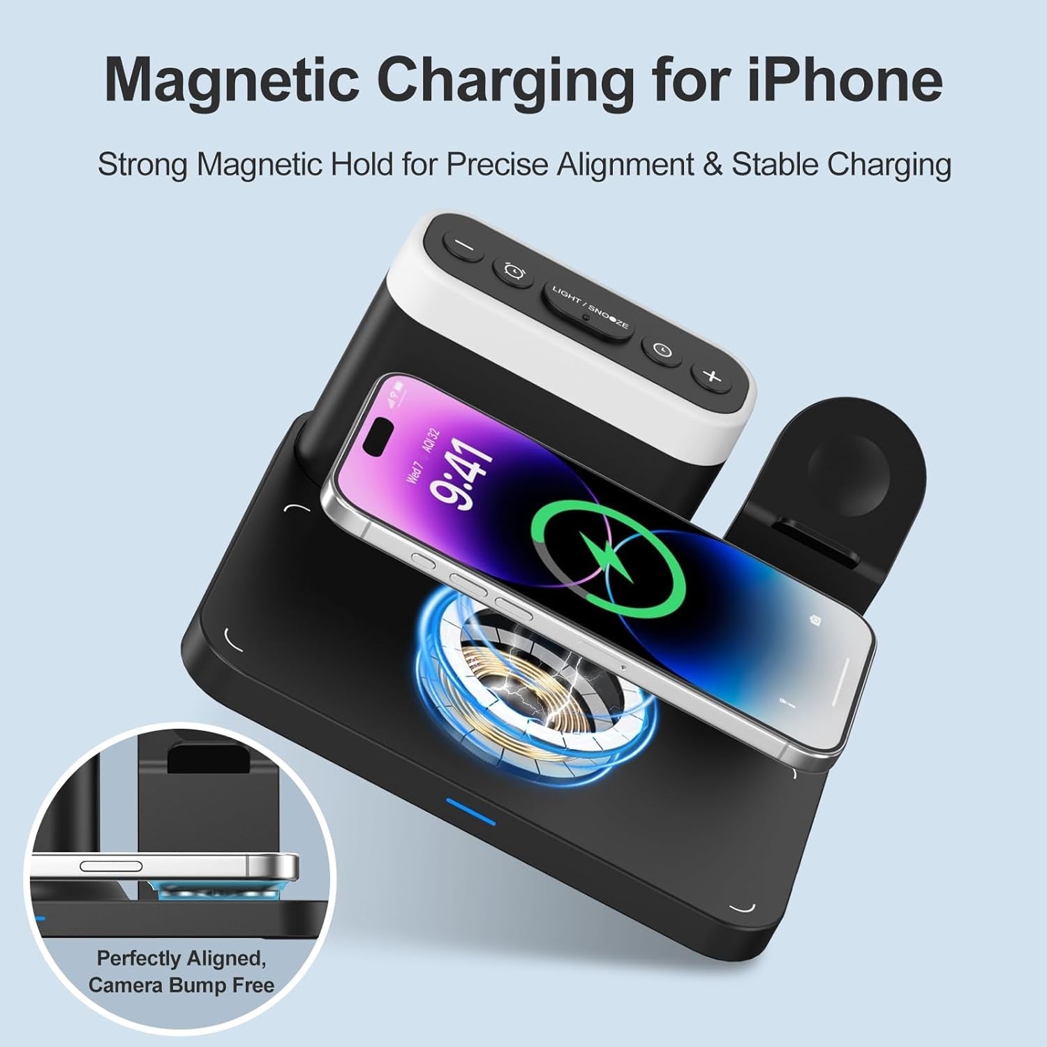 Black 5-in-1 Wireless Charging Station Alarm Clock Night Light Phone Watch