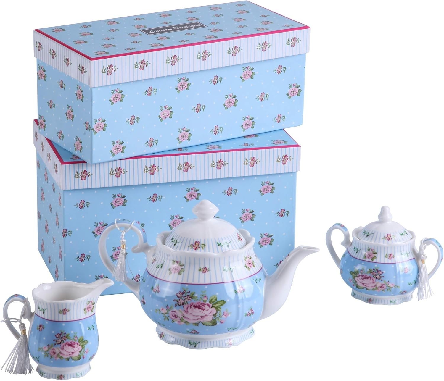 Vintage Floral Tea Set Teapot Sugar Bowl Milk Jug 800ml Gift Box