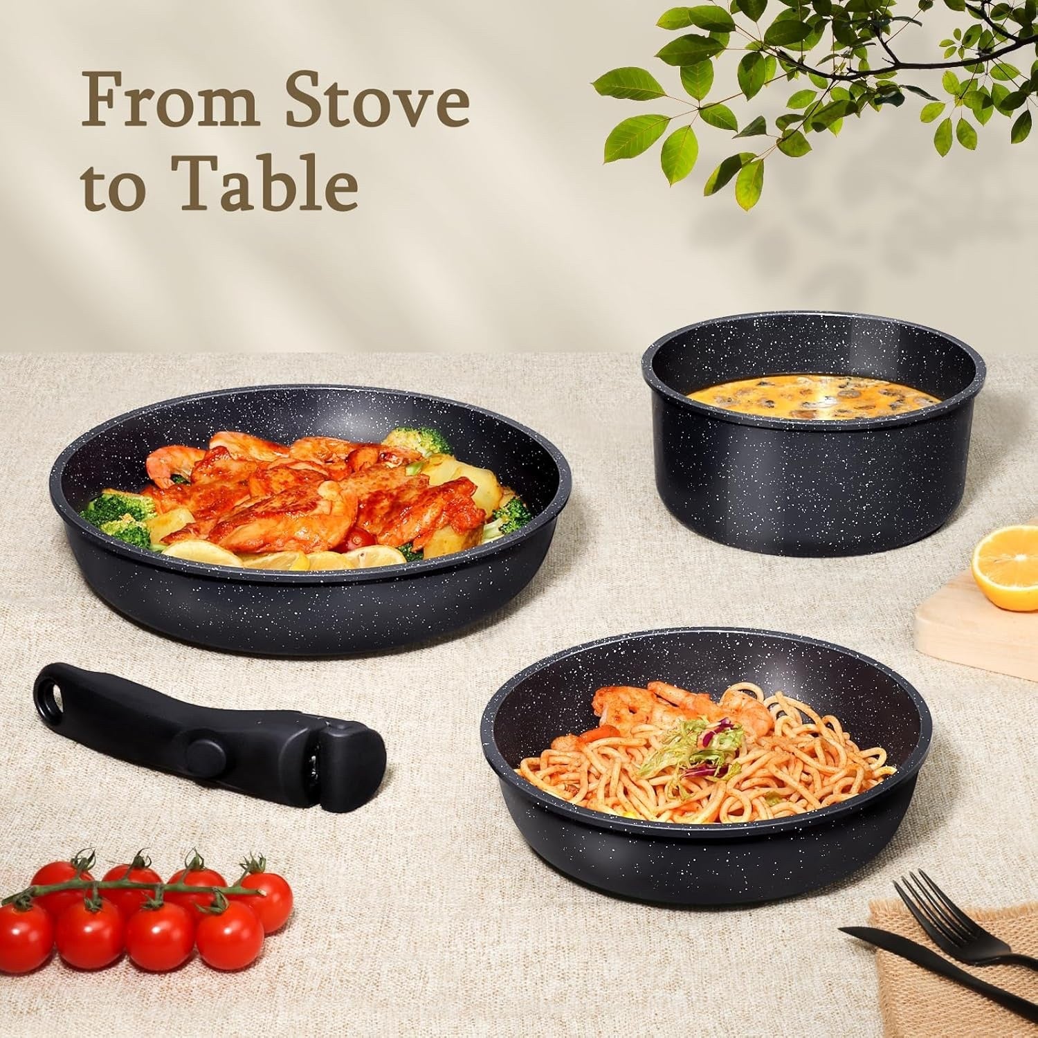 21Pcs Plus Black Non Stick Cookware Set with Removable Handles Induction Safe