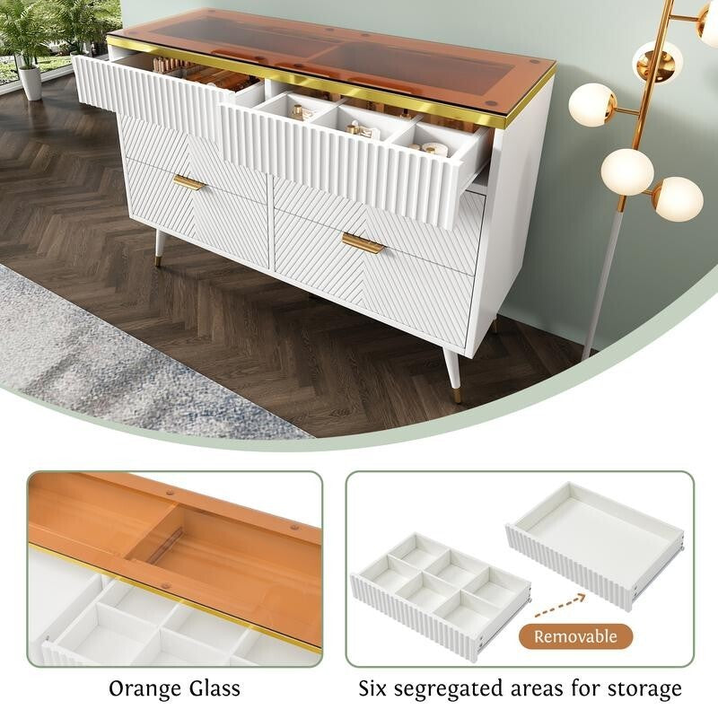 Modern 6 Drawer Dresser Sideboard Cabinet Amber Glass Top Storage Unit
