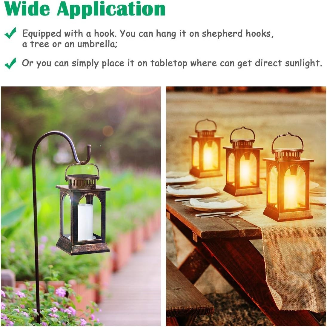 2-Pack Solar Flickering Flame Metal Lanterns Bronze Outdoor Garden Light