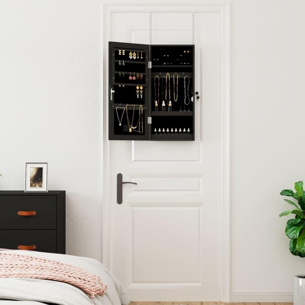 Compact LED Jewelry Mirror Cabinet Lockable Wall Hanging Storage Black
