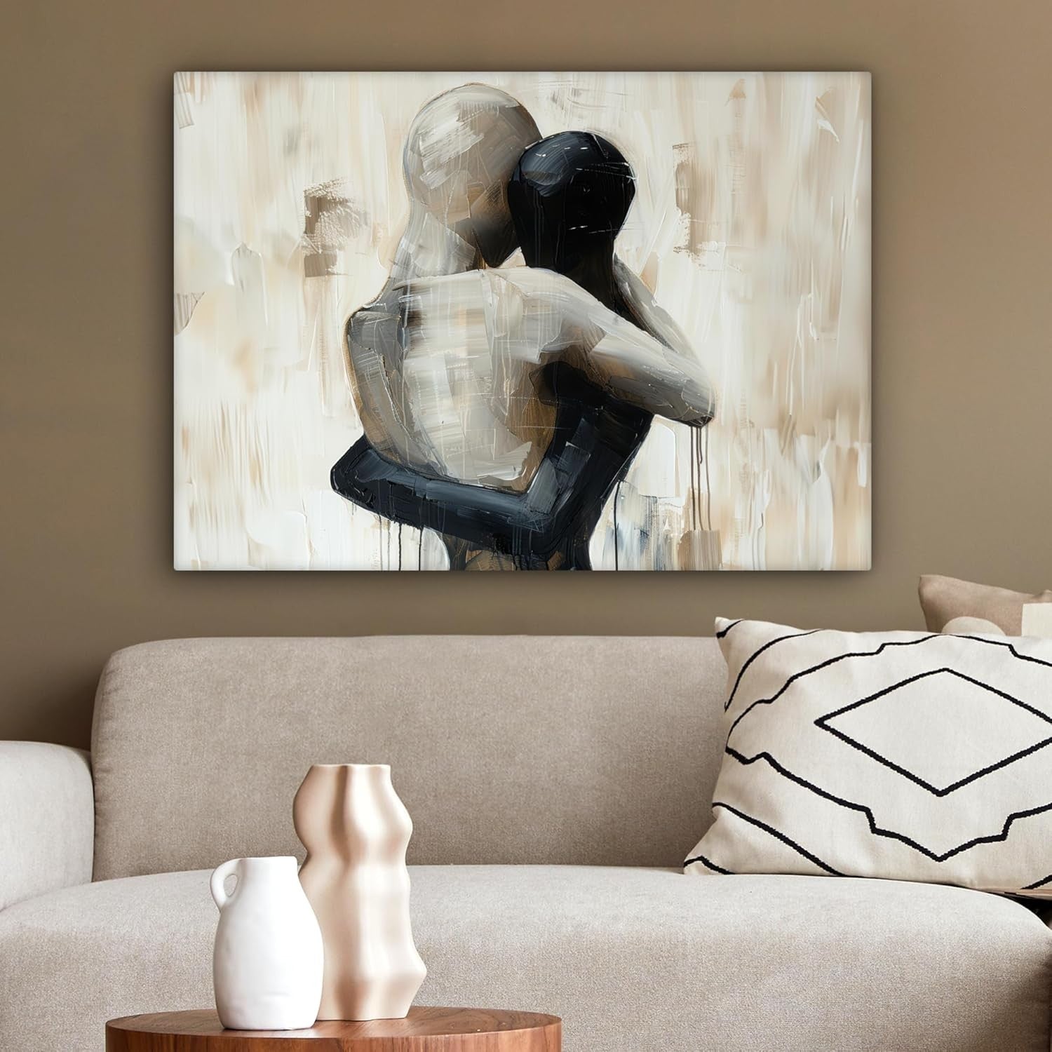 Abstract People Canvas Wall Art Modern Beige Couple 80x60cm Living Room Decor