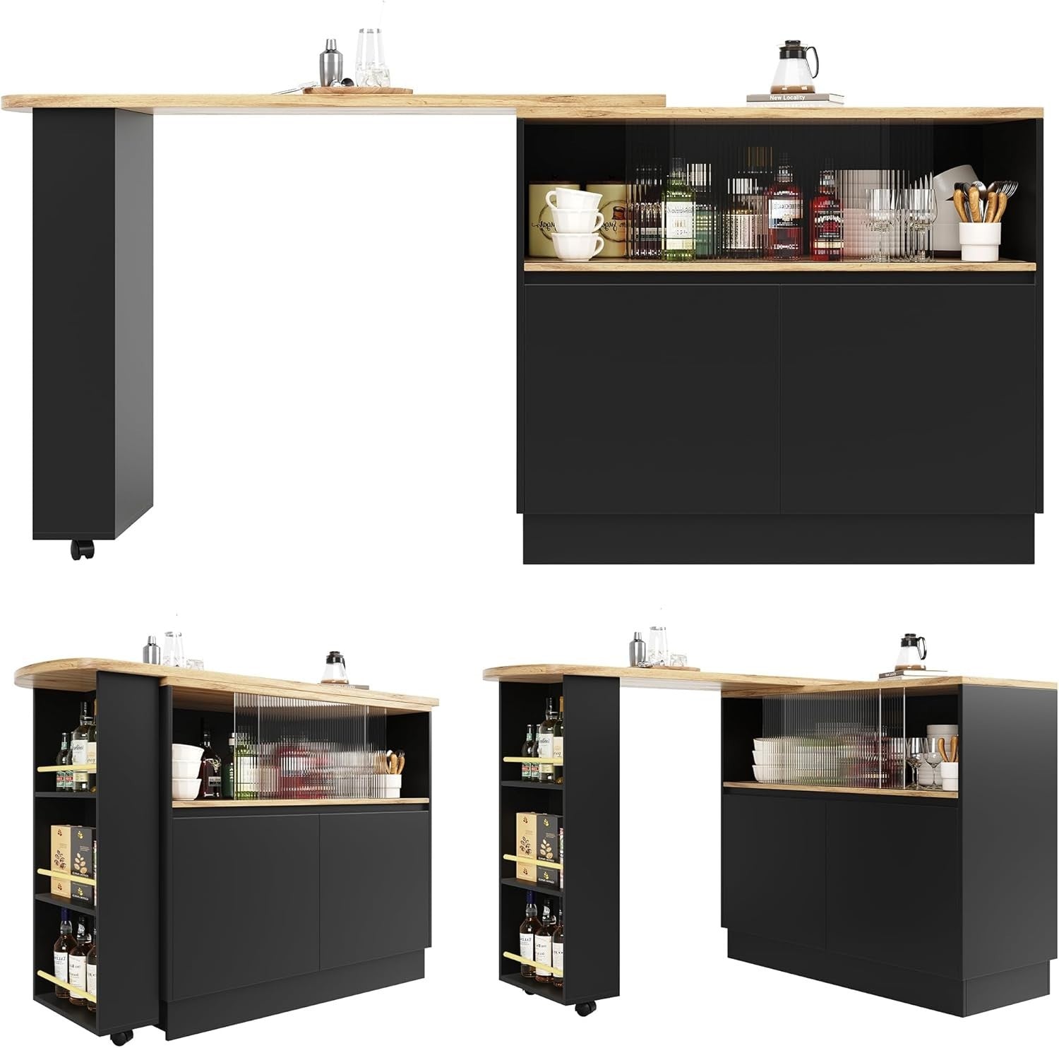 360° Swivel Kitchen Island with Storage Cabinet, Extendable Bar Table 90x45x100