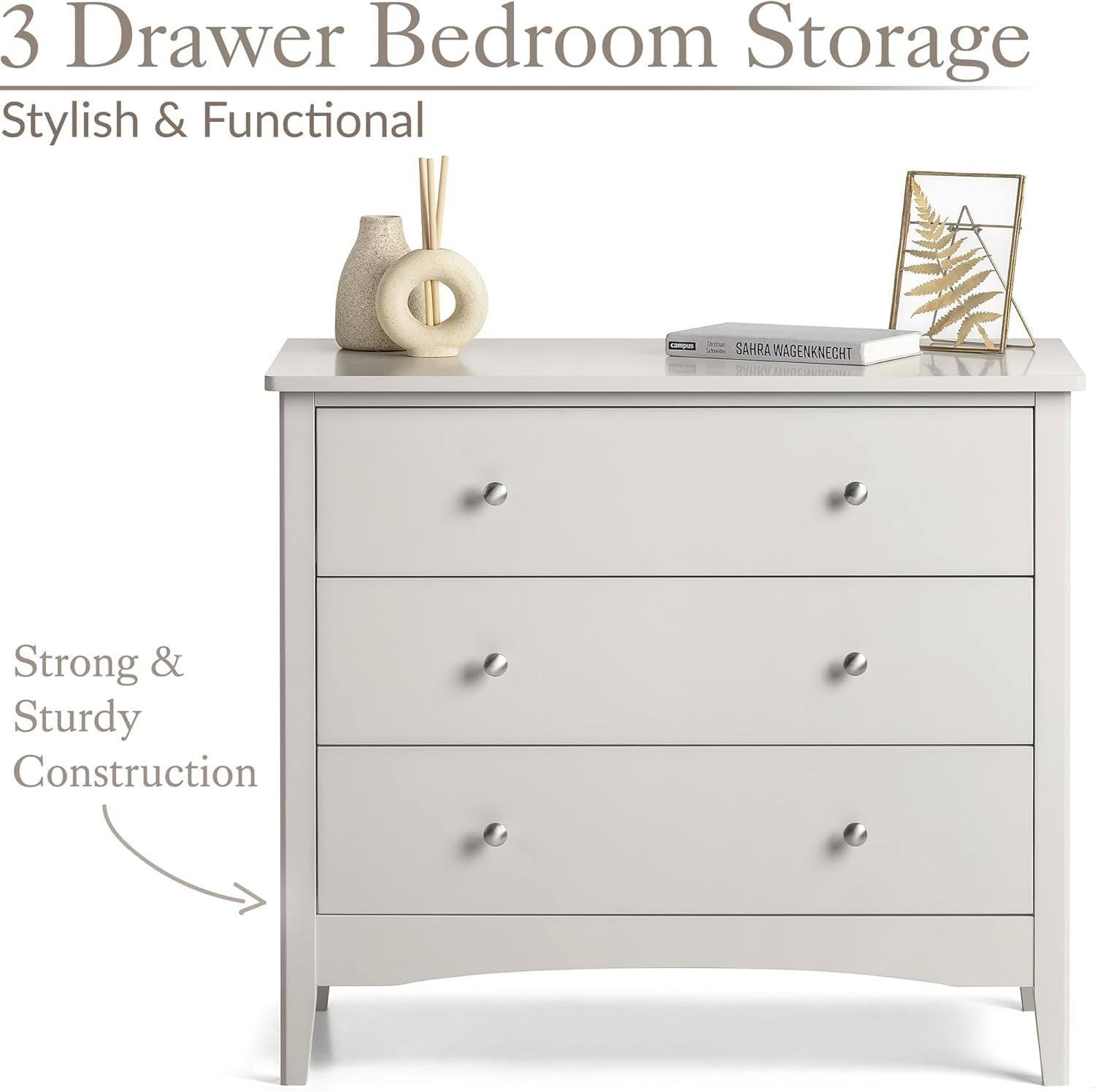 Natural 3 Drawer Chest, MDF Storage Unit, Chrome Handles, 80cm Wide