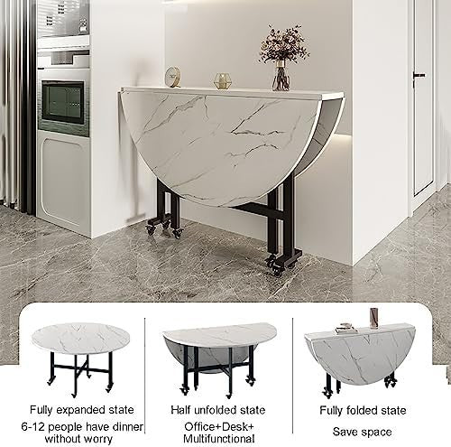 Round Folding Kitchen Table 120cm White Drop Leaf 6 Wheels Space-Saving