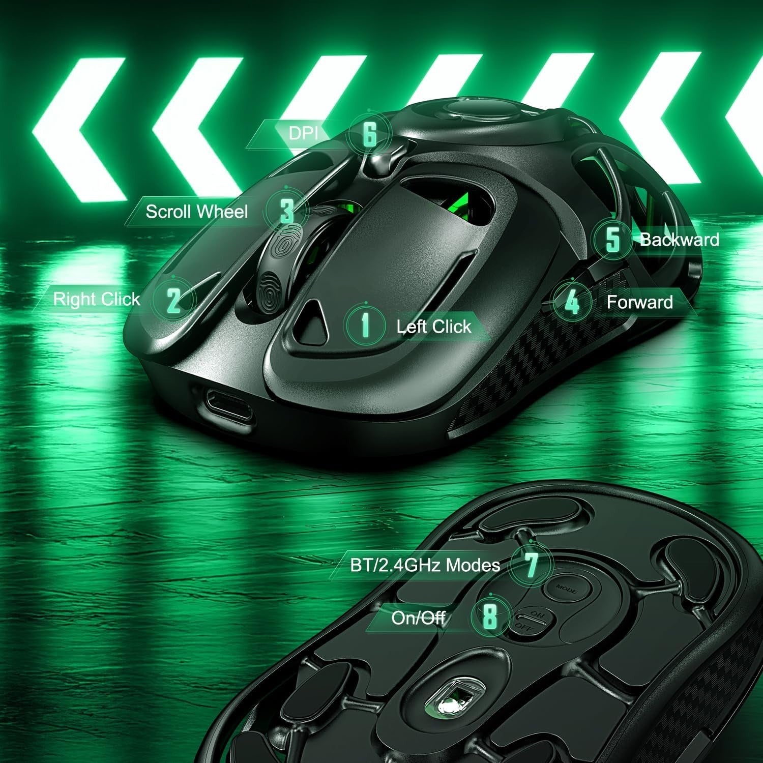 RGB Wireless Gaming Mouse 10000 DPI Tri-Mode 60H Battery