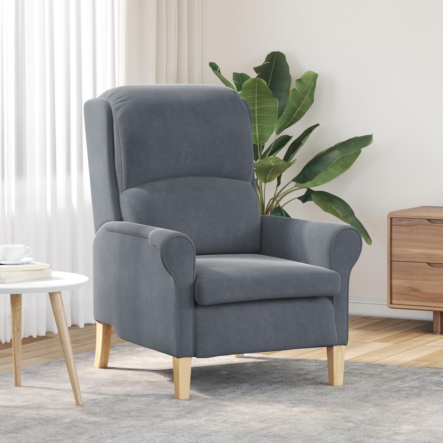 Grey Recliner Armchair Fabric Wingback Chair Wood Legs Lounge
