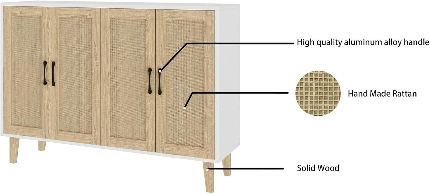 White Buffet Storage Cabinet with Adjustable Shelves Rattan Accent Modern