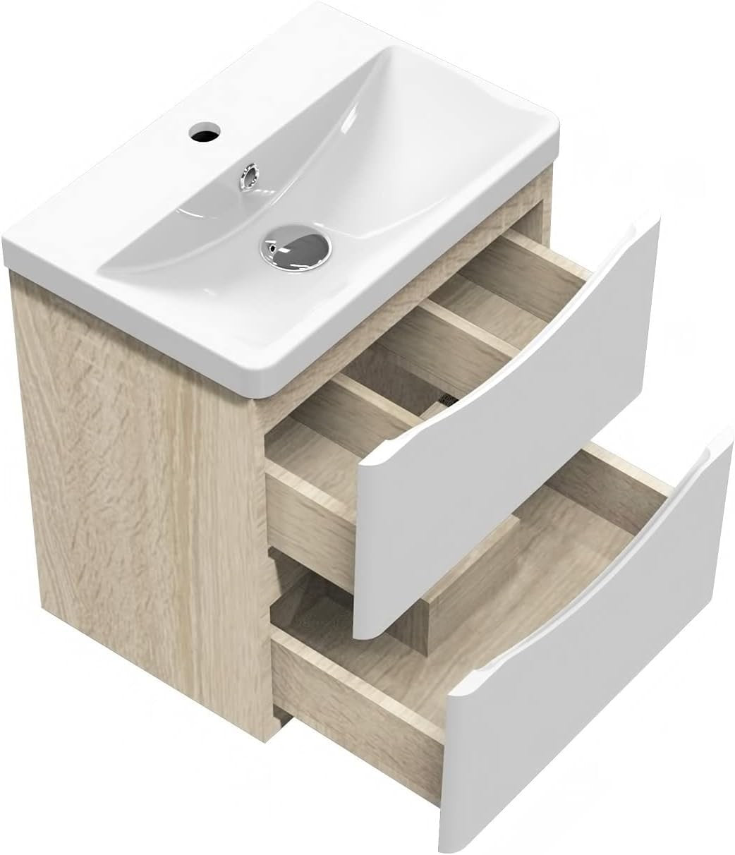 500mm Oak White Wall Hung Bathroom Vanity Unit with Basin 2 Drawer Sink Cabinet