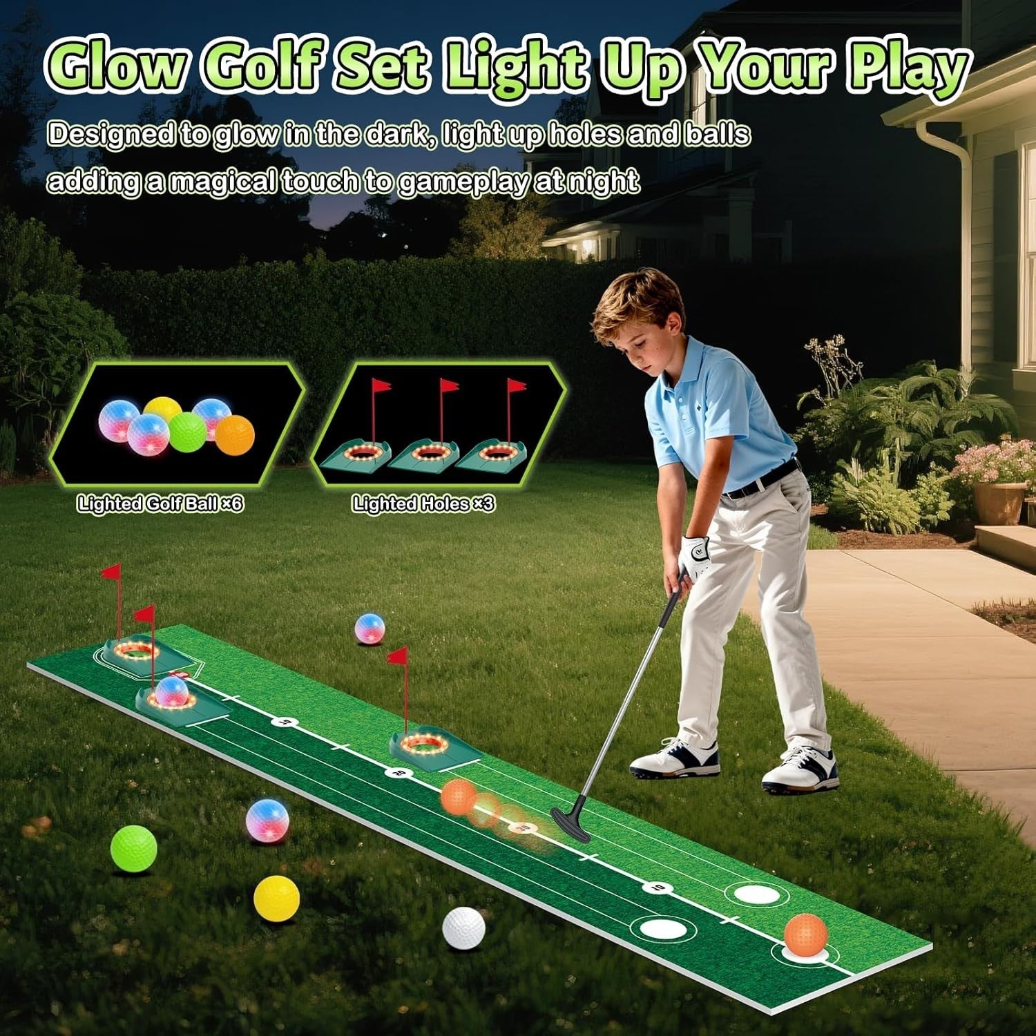Kids Golf Putting Set Light Up Mat Indoor Outdoor Golf Game w Balls