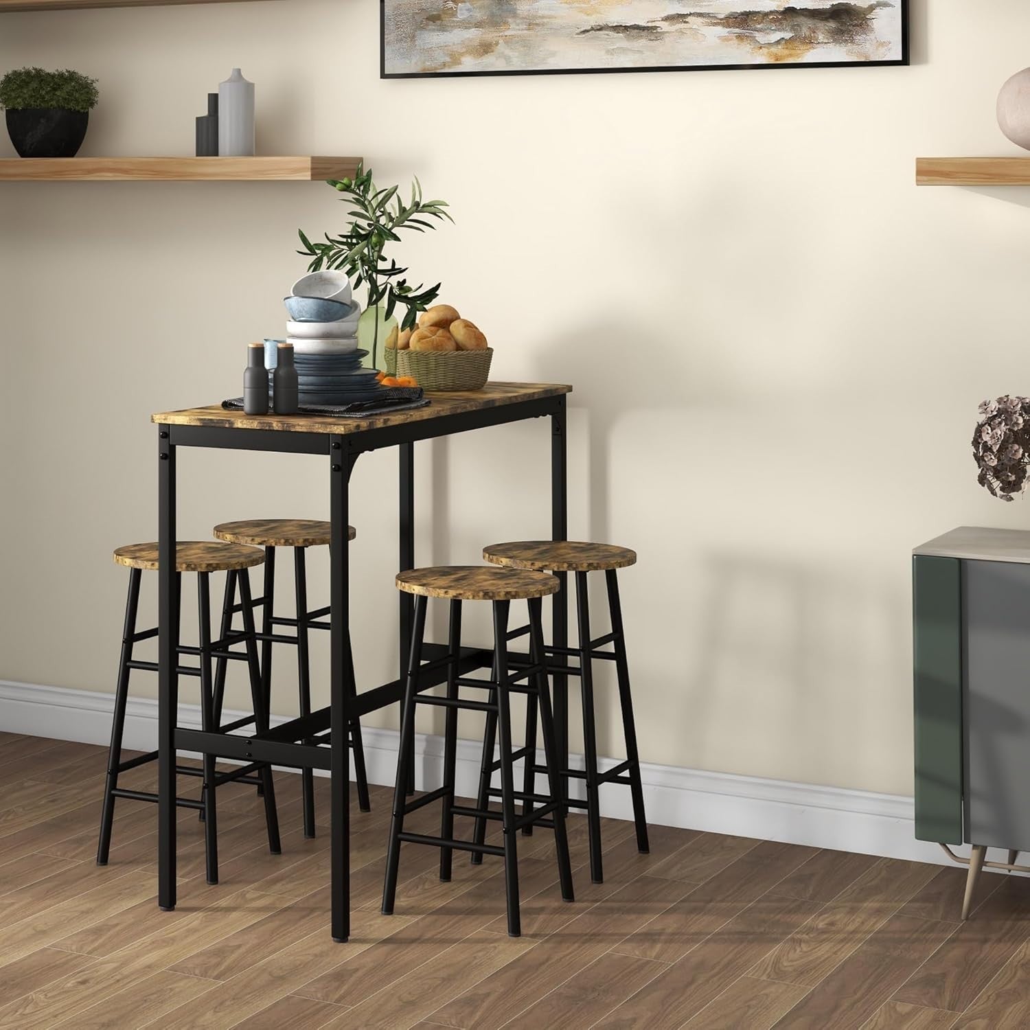 5-Piece Bar Table Set with 4 Stools, Rustic Brown Space-Saving Dining Set