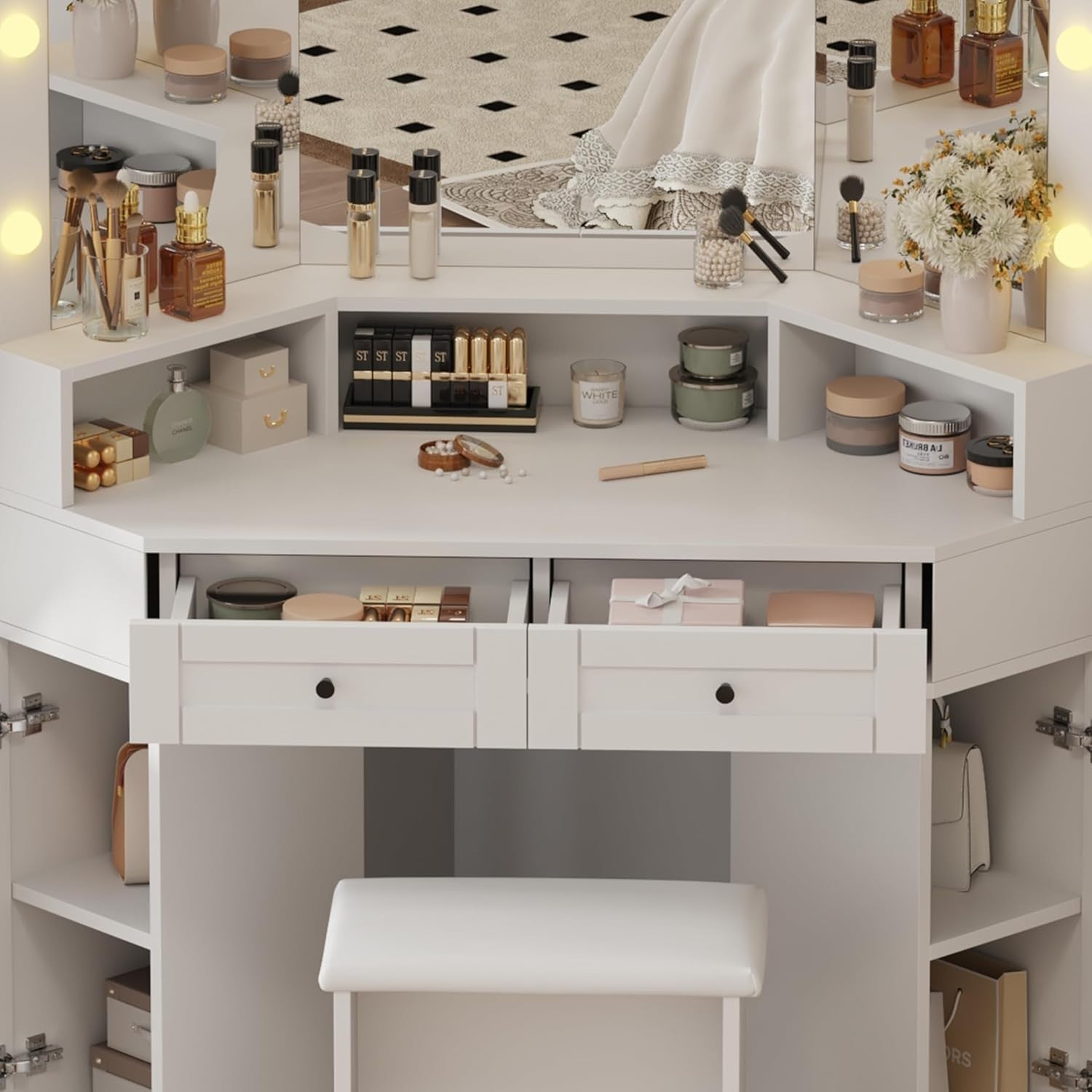 Corner Dressing Table White Makeup Vanity Desk LED Lights 3 Mirror Storage