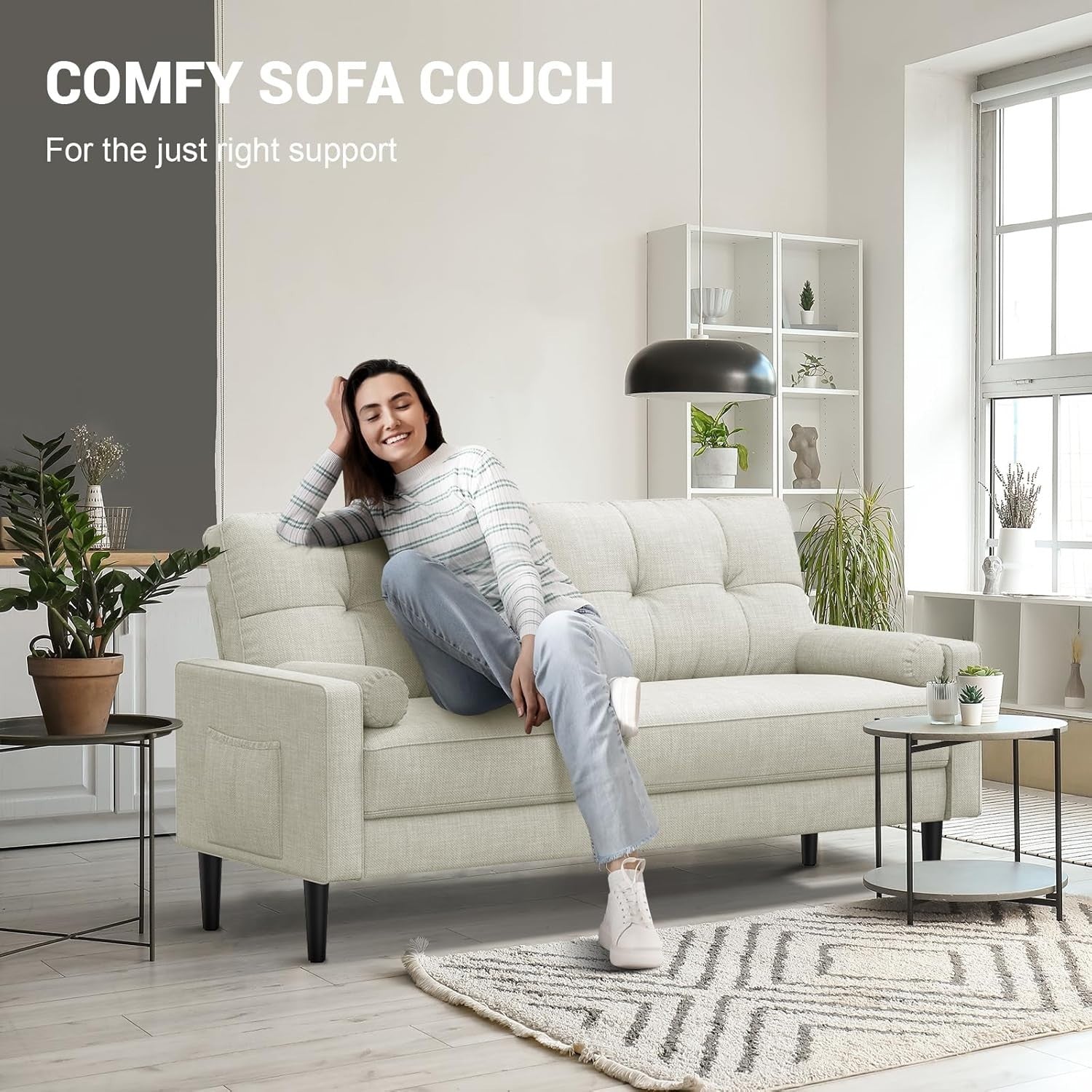 Modern Linen 2 Seater Sofa Small Space Couch with Storage & Cushions Beige