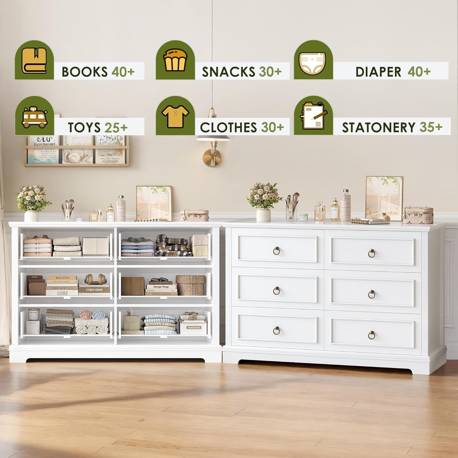 White Chest of Drawers 6 Drawer Modern Sideboard Storage Cabinet 120cm