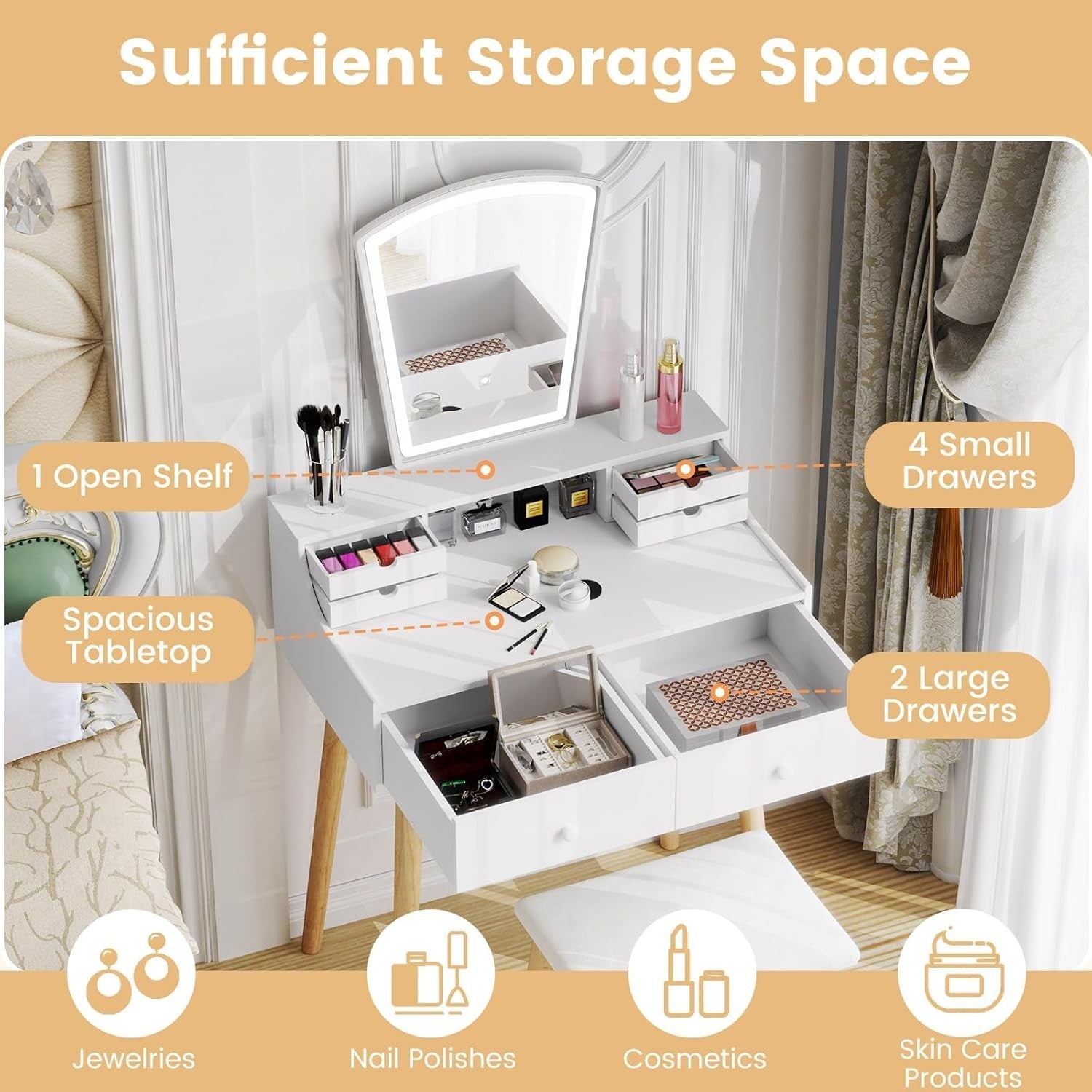 White Vanity Dressing Table Set w/ 3-Color LED Mirror, 6 Drawers & Stool