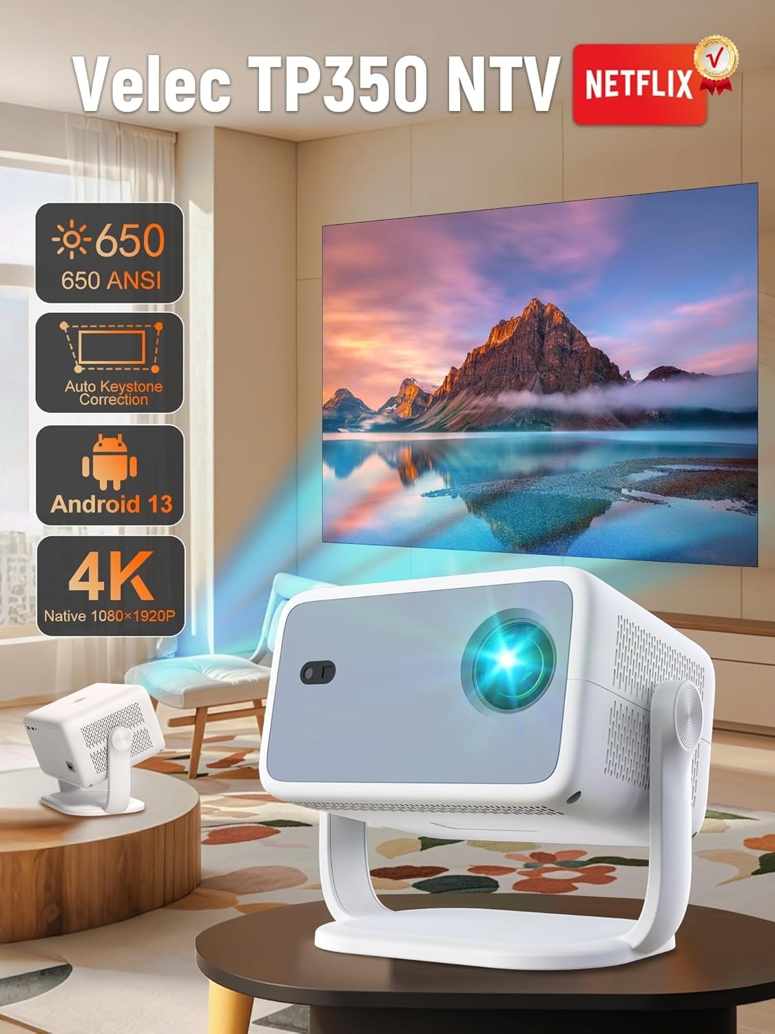 Mini 1080P Smart Projector Netflix Official Auto Focus WiFi 6 BT