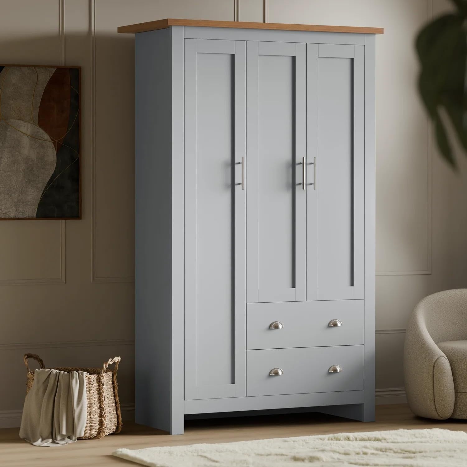 3 Door Grey Wardrobe with Drawers & Rail – Modern Bedroom Storage