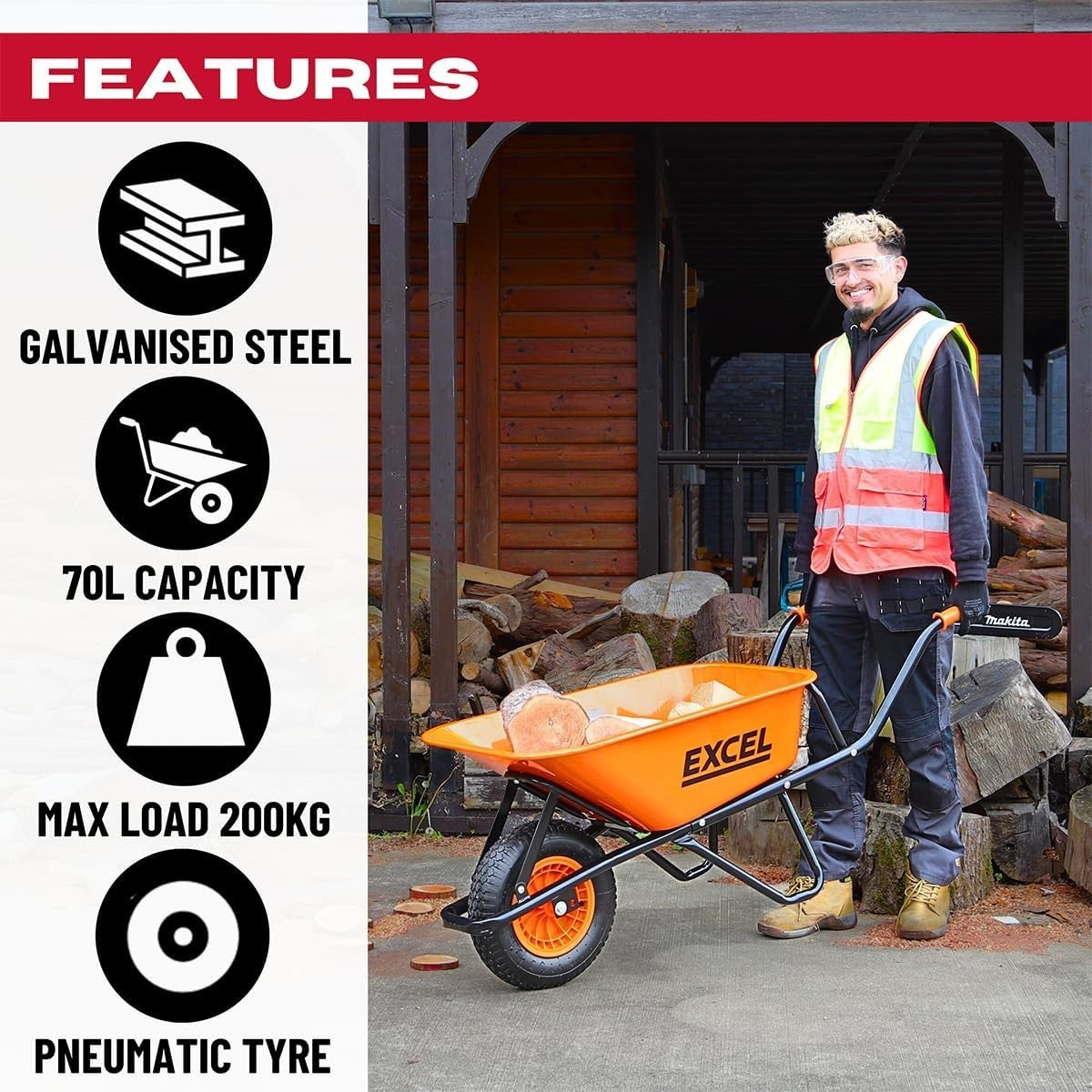 70L Orange Wheelbarrow – Galvanised Steel Frame Pneumatic Tyre 200kg Load