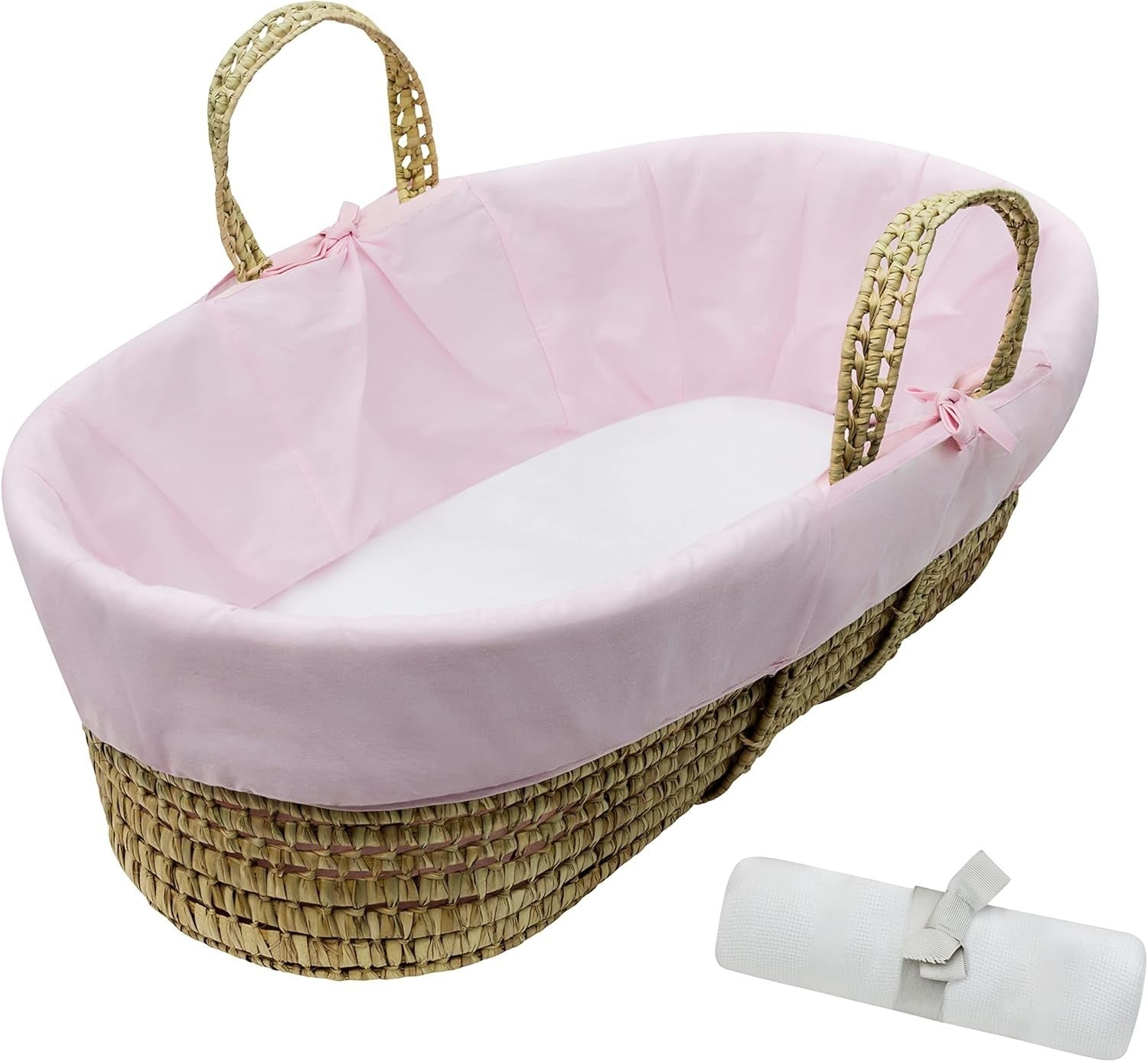 Hand-woven Palm Moses Basket with Deluxe Natural Rocking Stand & Mattress Pink