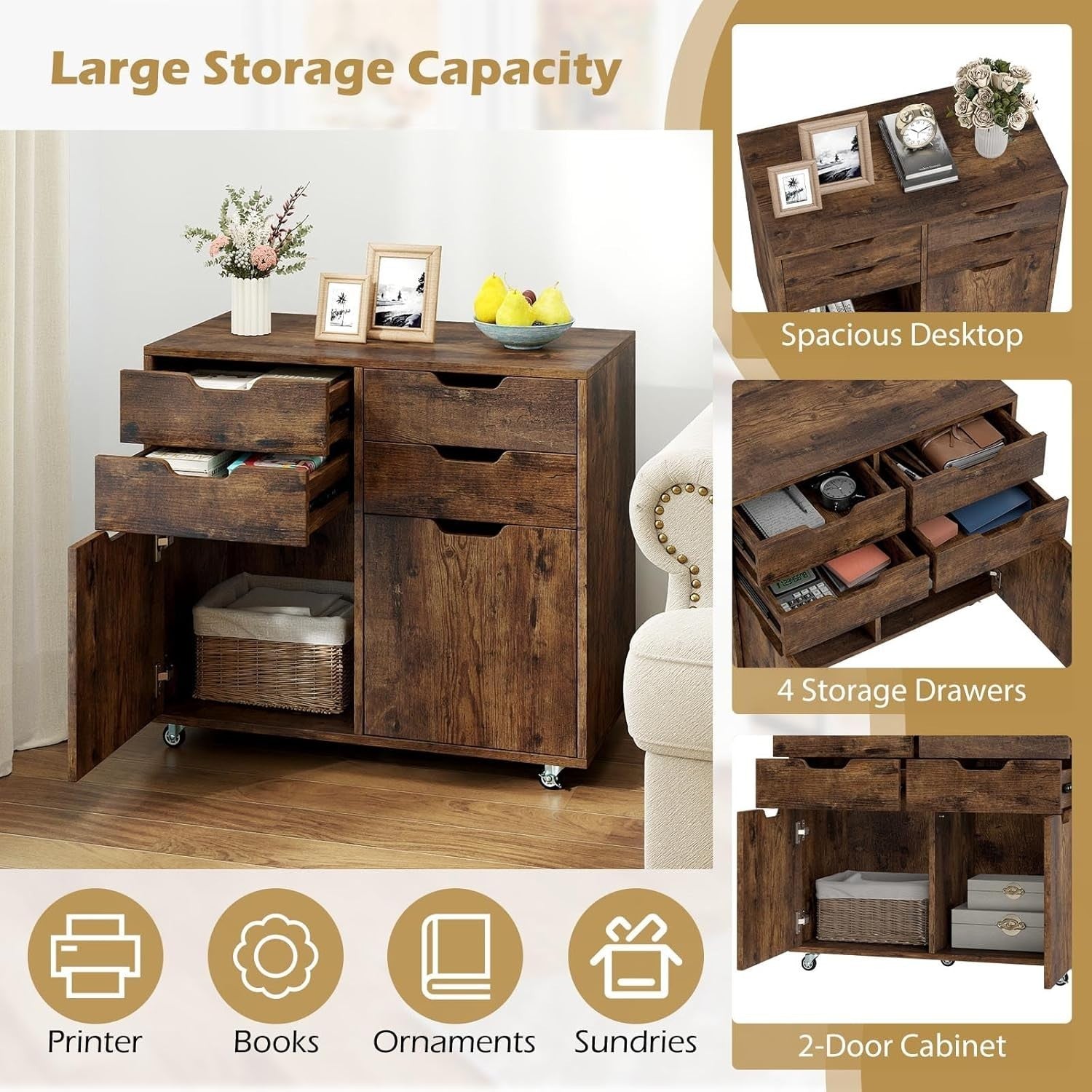 Rustic Brown Mobile File Cabinet 73x40x64cm 4 Drawer Printer Stand