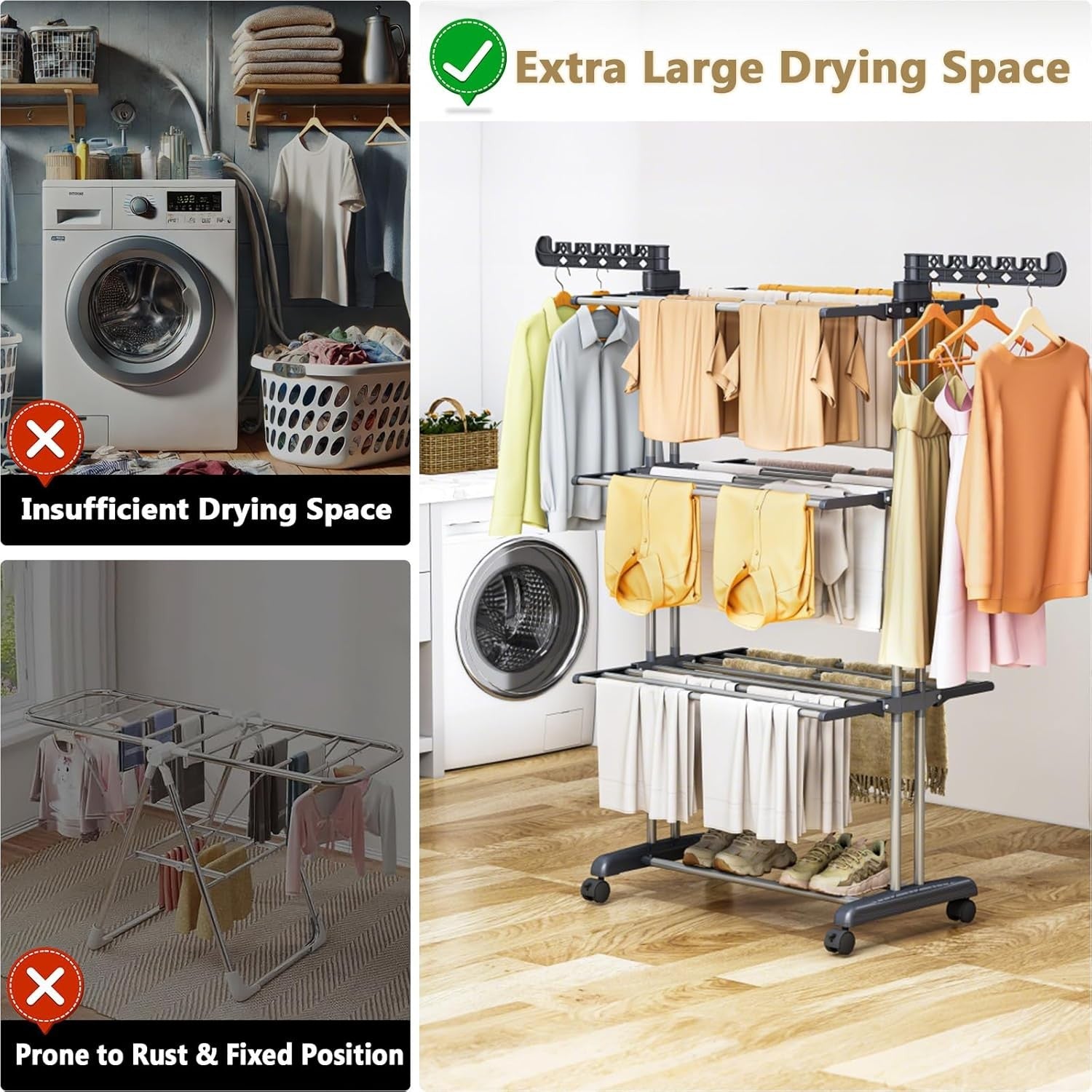 4 Tier Clothes Airer Large Folding Drying Rack with Wheels Indoor Outdoor