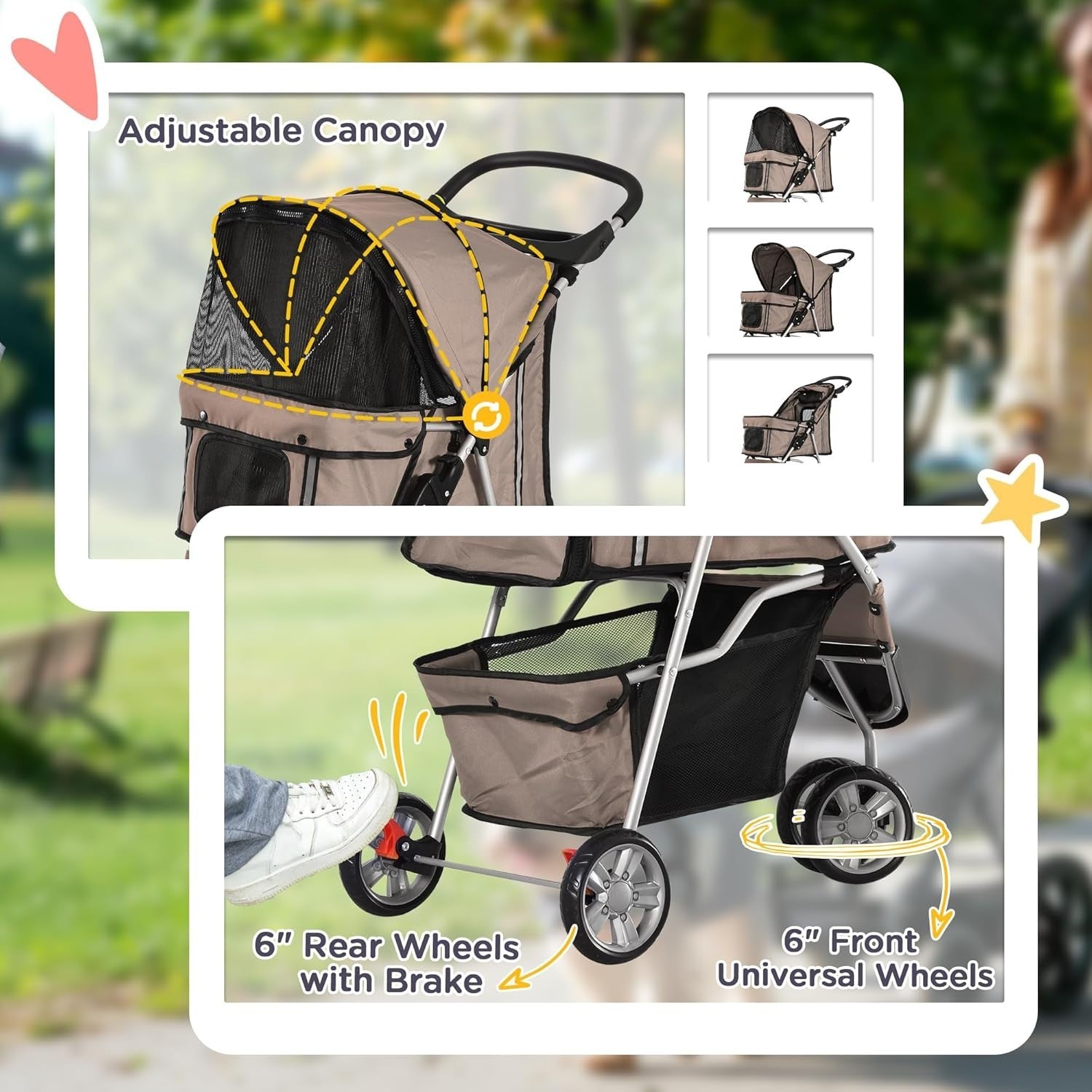 Dog Stroller Foldable 3-Wheel Pet Pram Small Dogs Cats Brown Lightweight