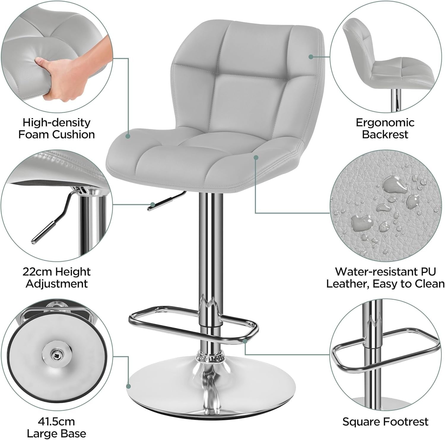 Swivel Bar Stools Set of 4 Light Grey PU Adjustable Counter Chairs