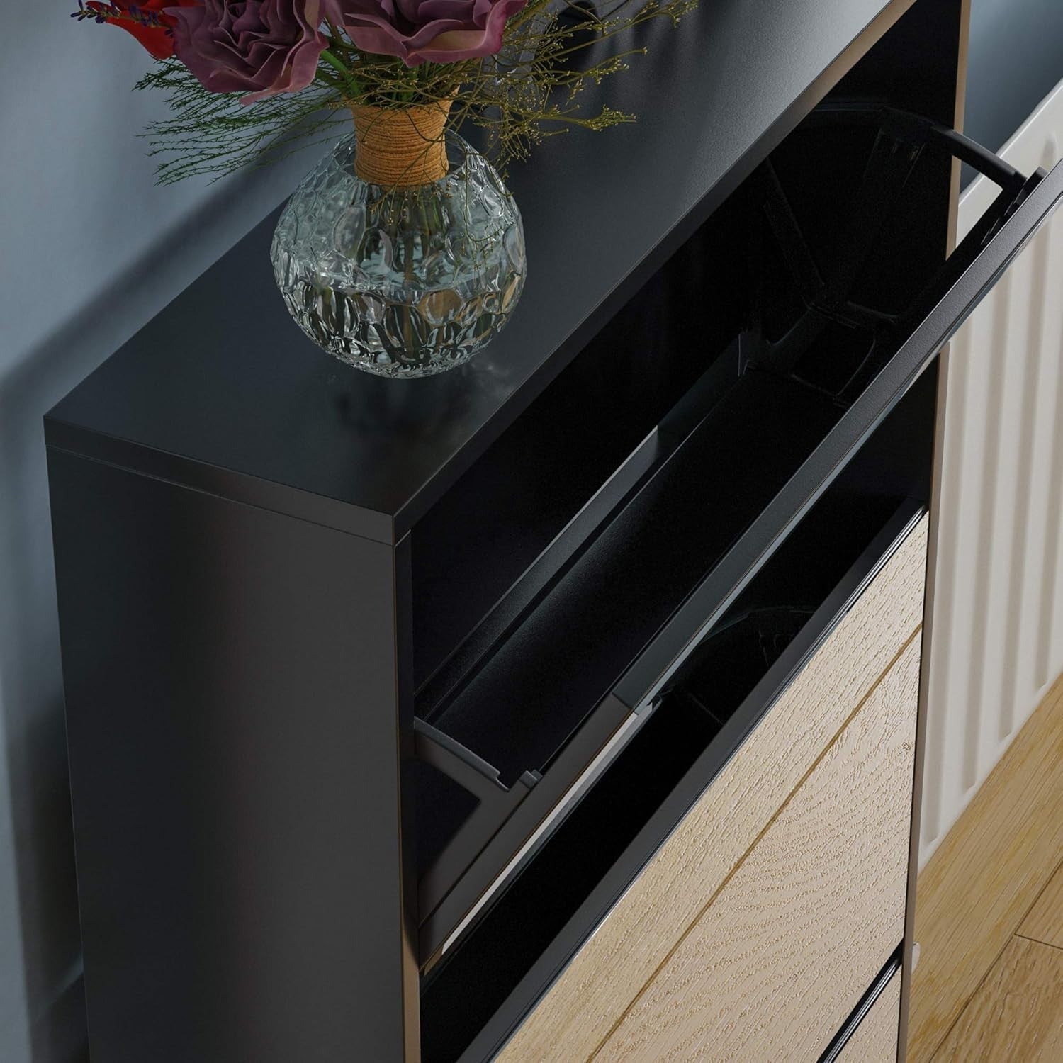 Mirrored 3-Drawer Shoe Cabinet Hallway Storage Unit 62x16.5x100cm Black